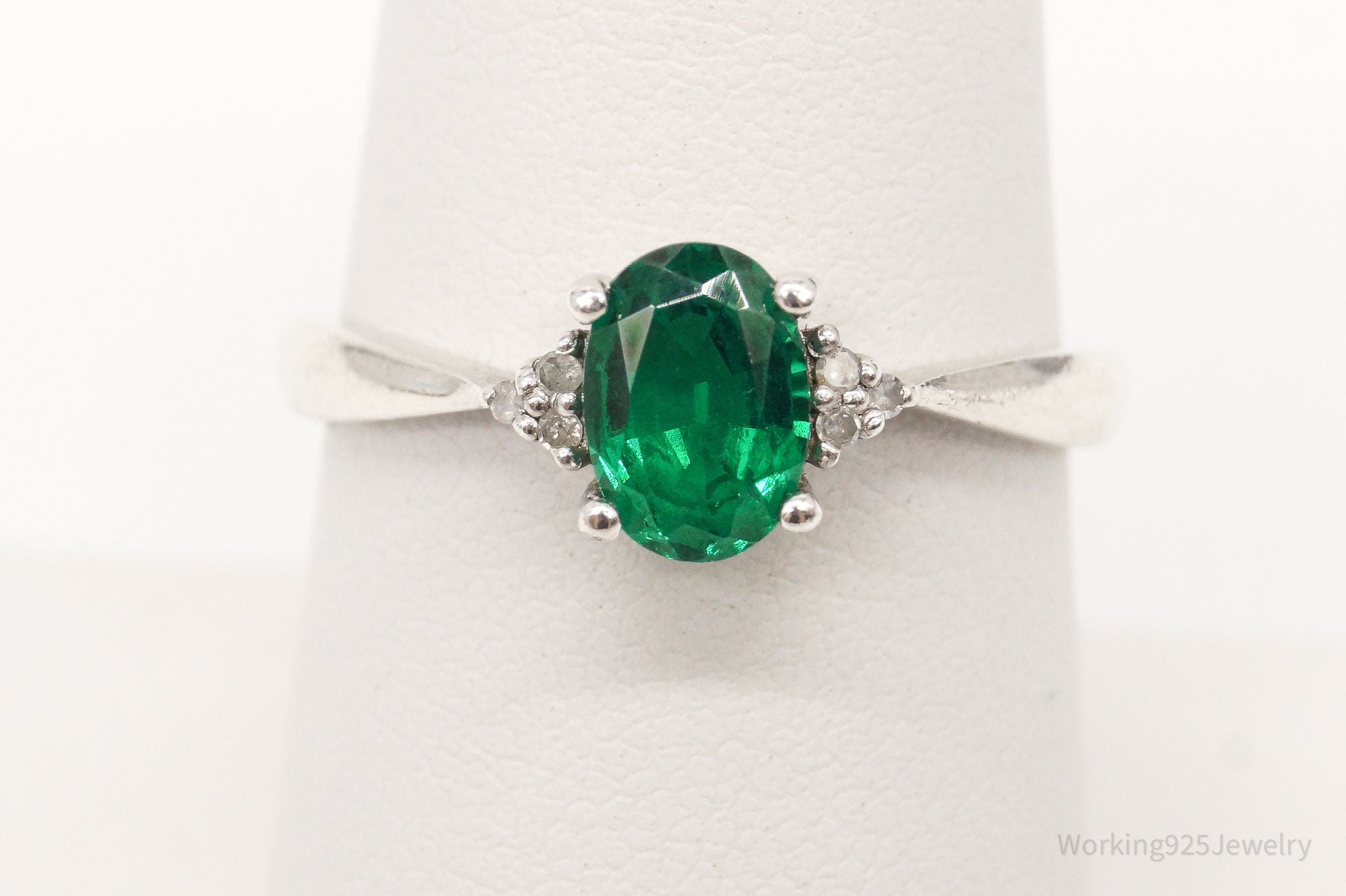 Vintage Lab Emerald Diamond Sterling Silver Ring Size 7.25