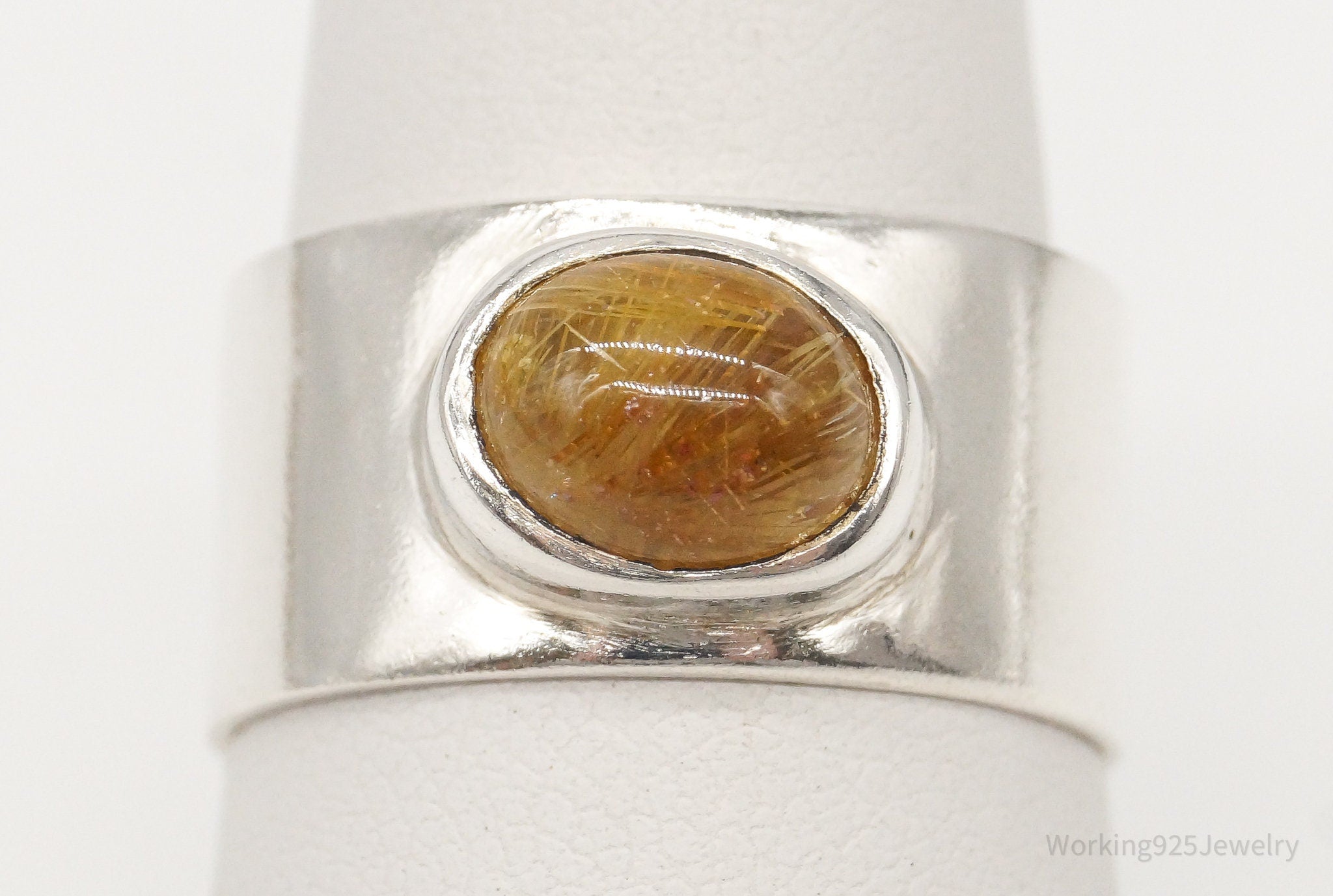 Vintage Golden Rutilated Quartz Silver Ring - Size 7.75