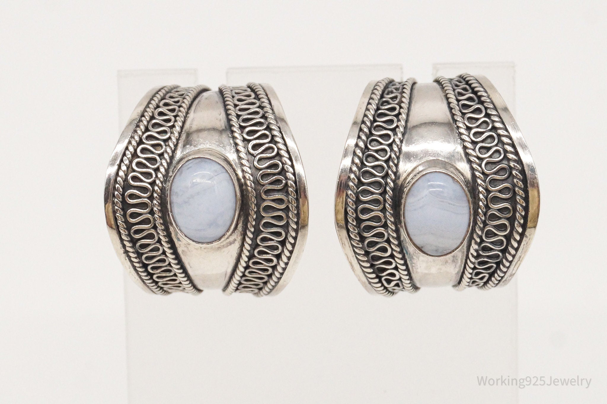 Vintage Designer BA Suarti Blue Lace Agate Sterling Silver Earrings