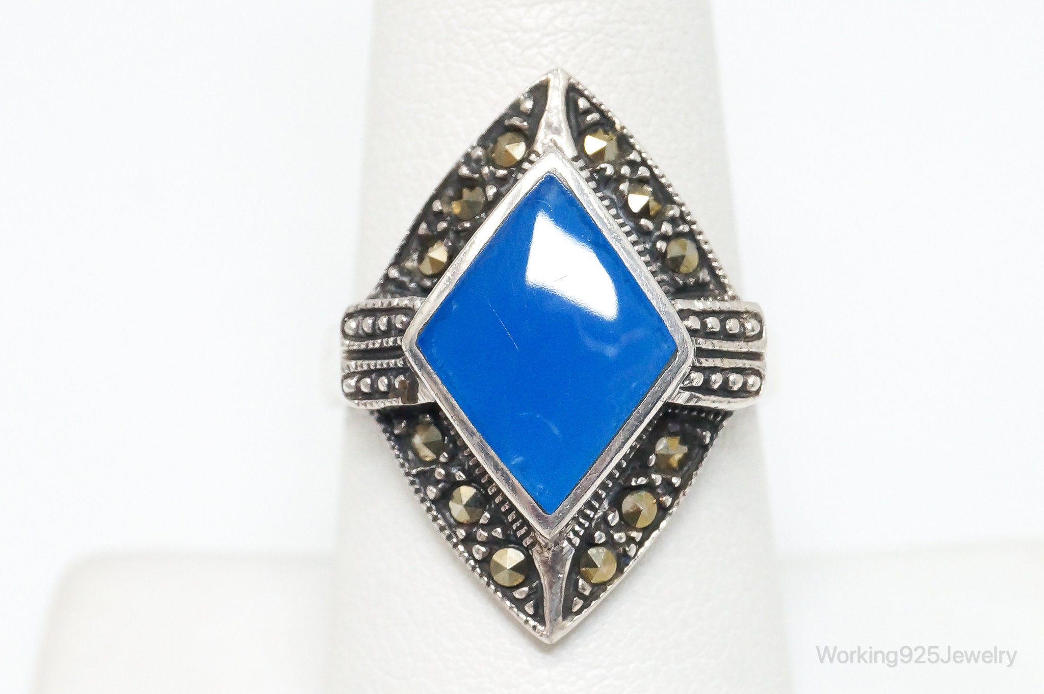 Vintage Blue Chalcedony Marcasite Sterling Silver Ring - Size 7.75