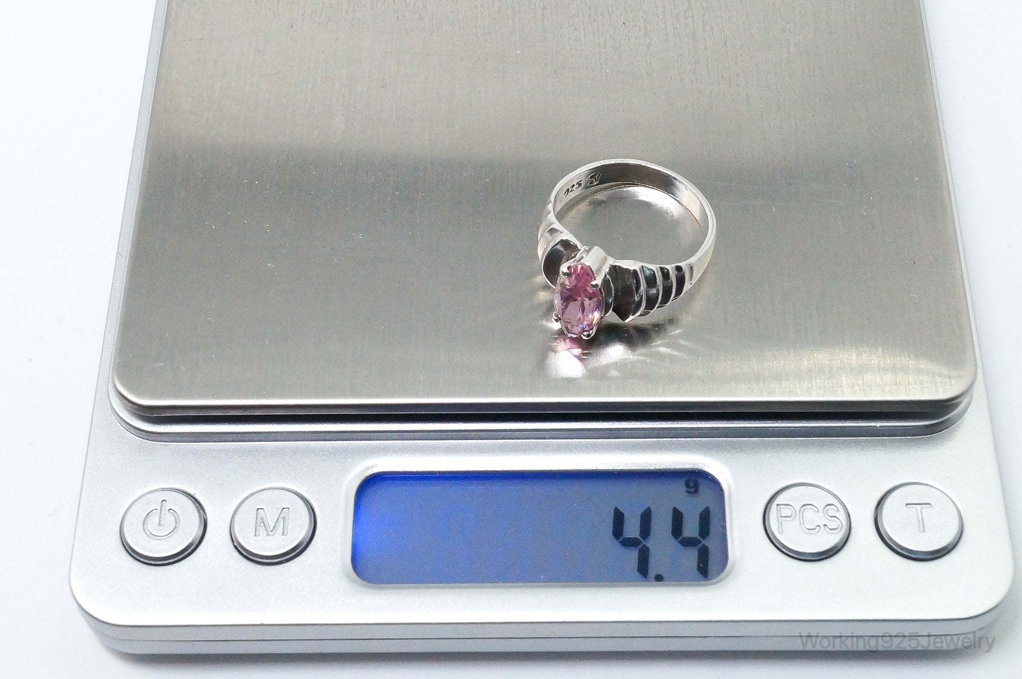 Vintage Art Deco Style Pink Cubic Zirconia Ring Sterling Silver - Size 8.25