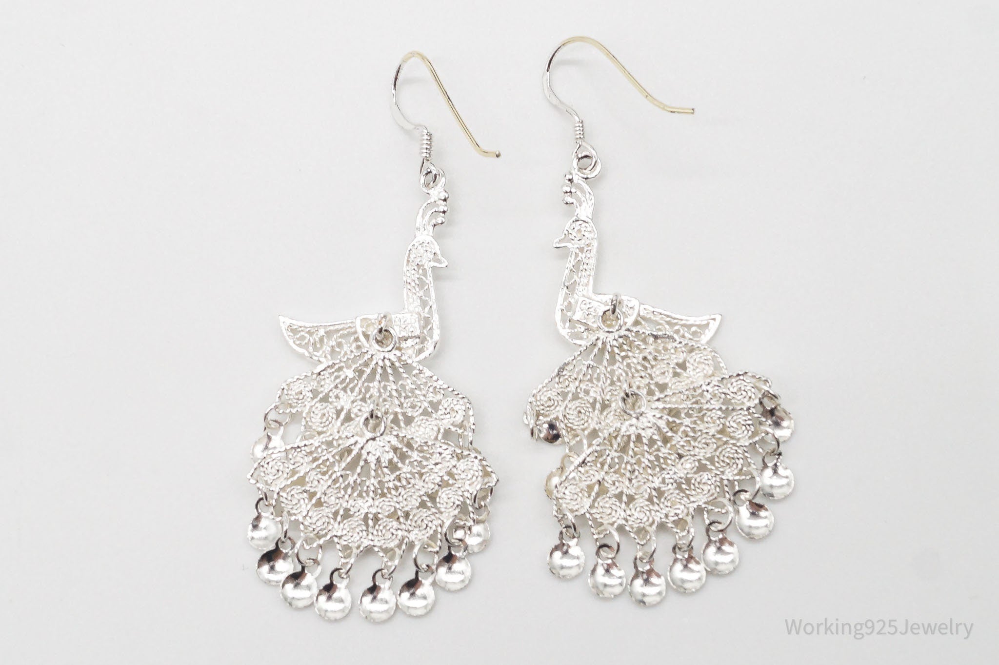 Vintage Filigree Peacock Chandelier Sterling Silver Earrings