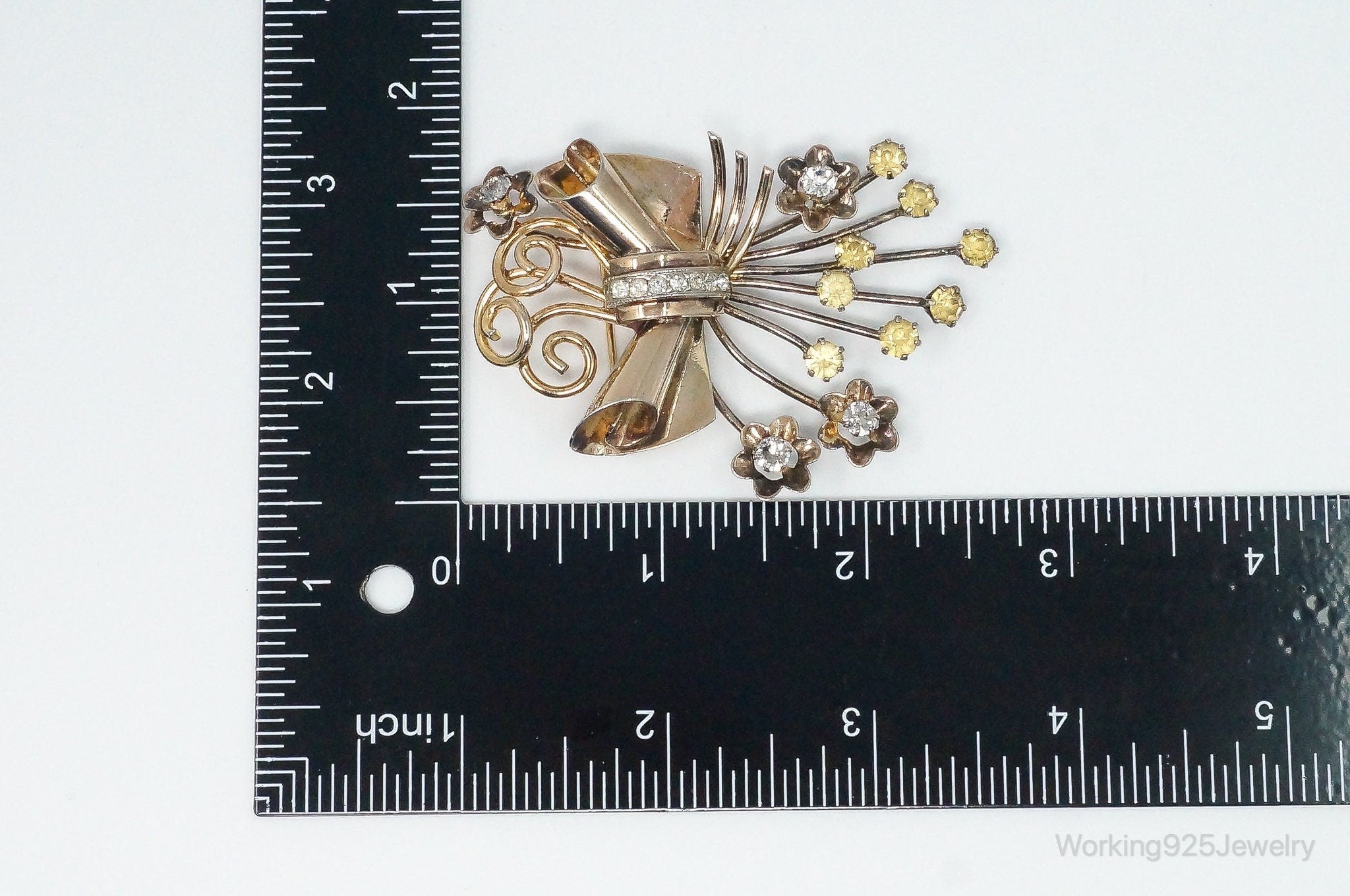 Large Antique Rhinestone Gold Tone Sterling Silver Brooch Pin