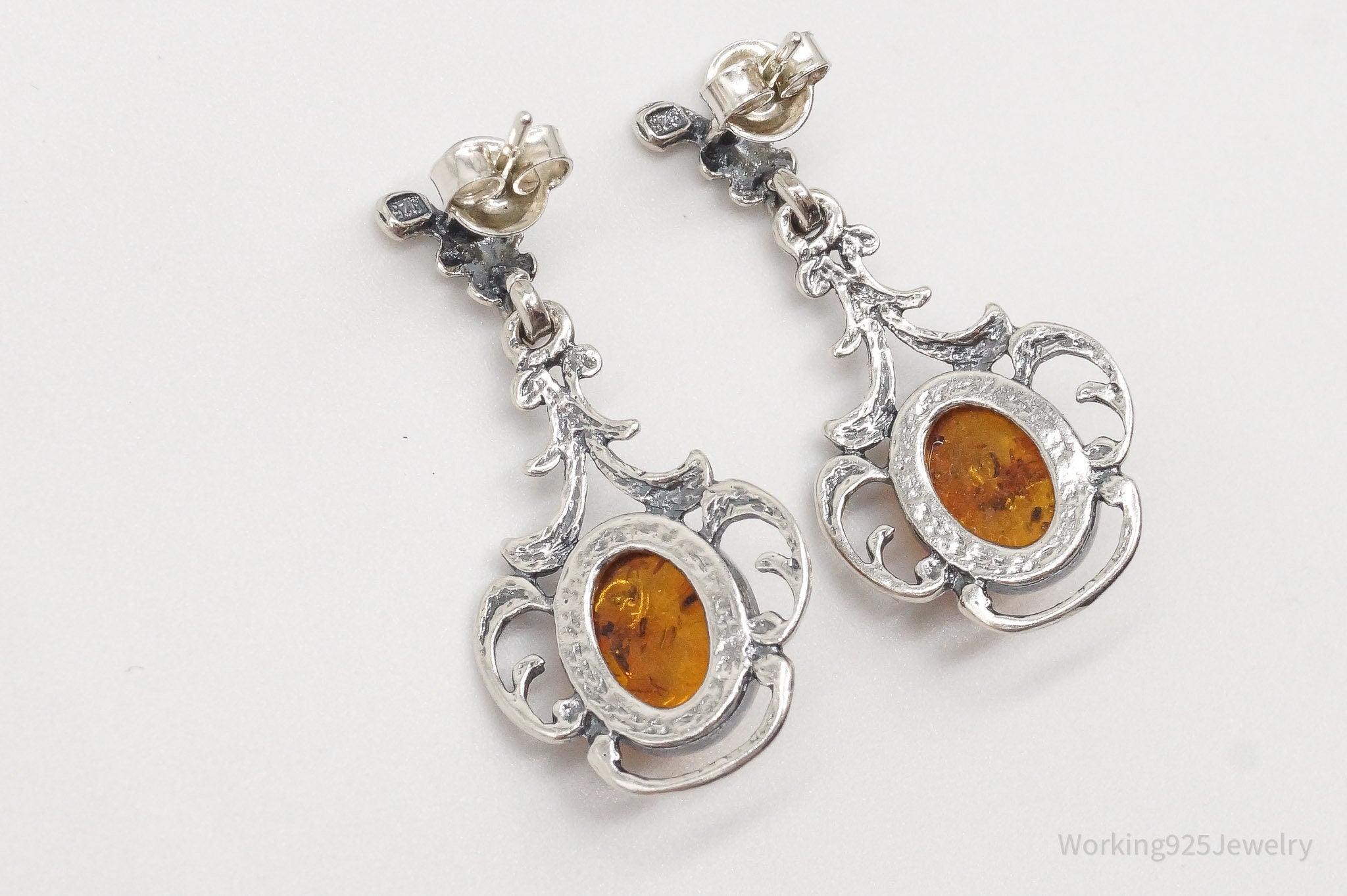 Vintage Amber Modernist Sterling Silver Earrings