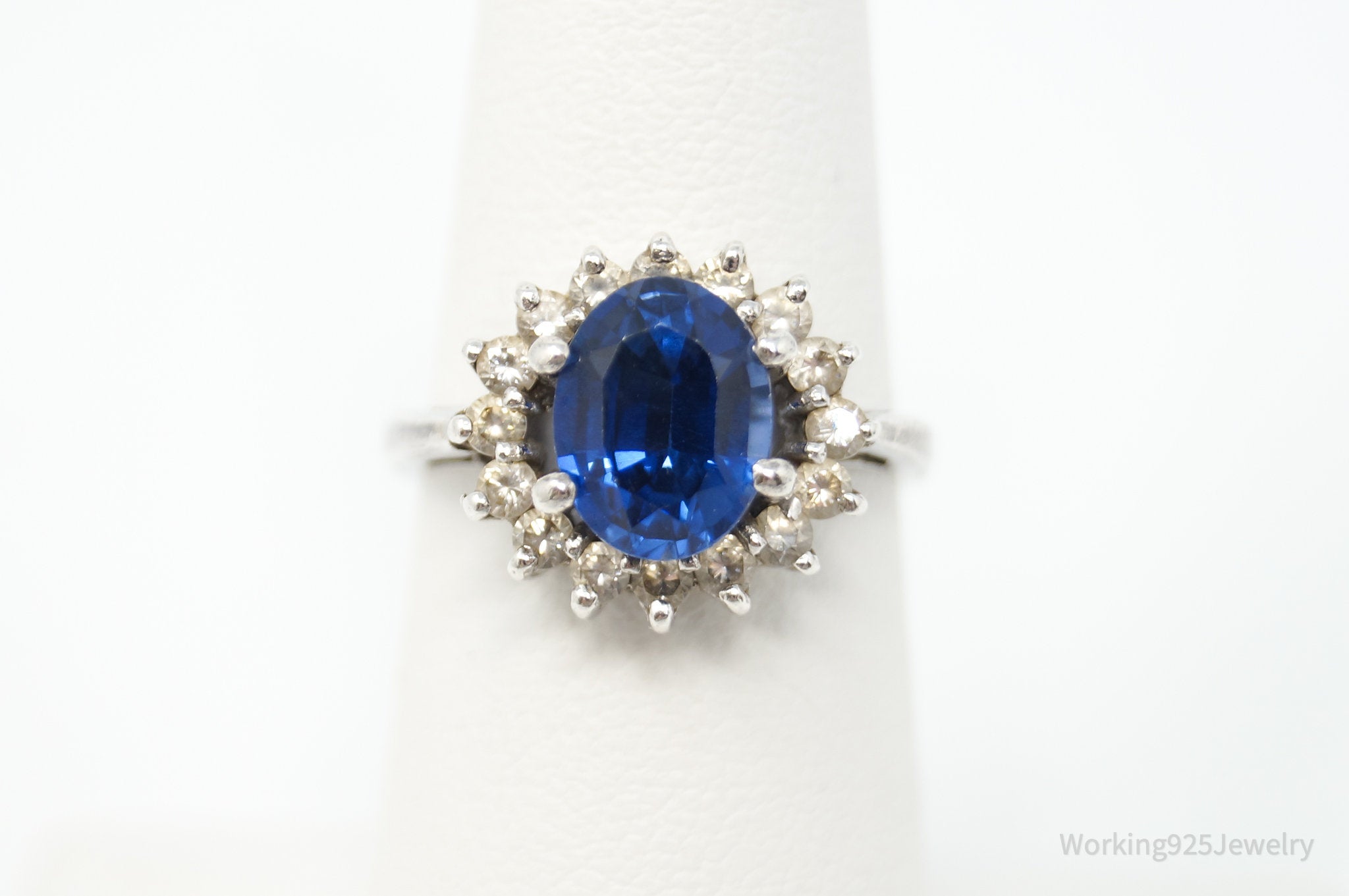 Vintage Art Deco Style Blue Glass CZ Sterling Silver Ring - Size 6