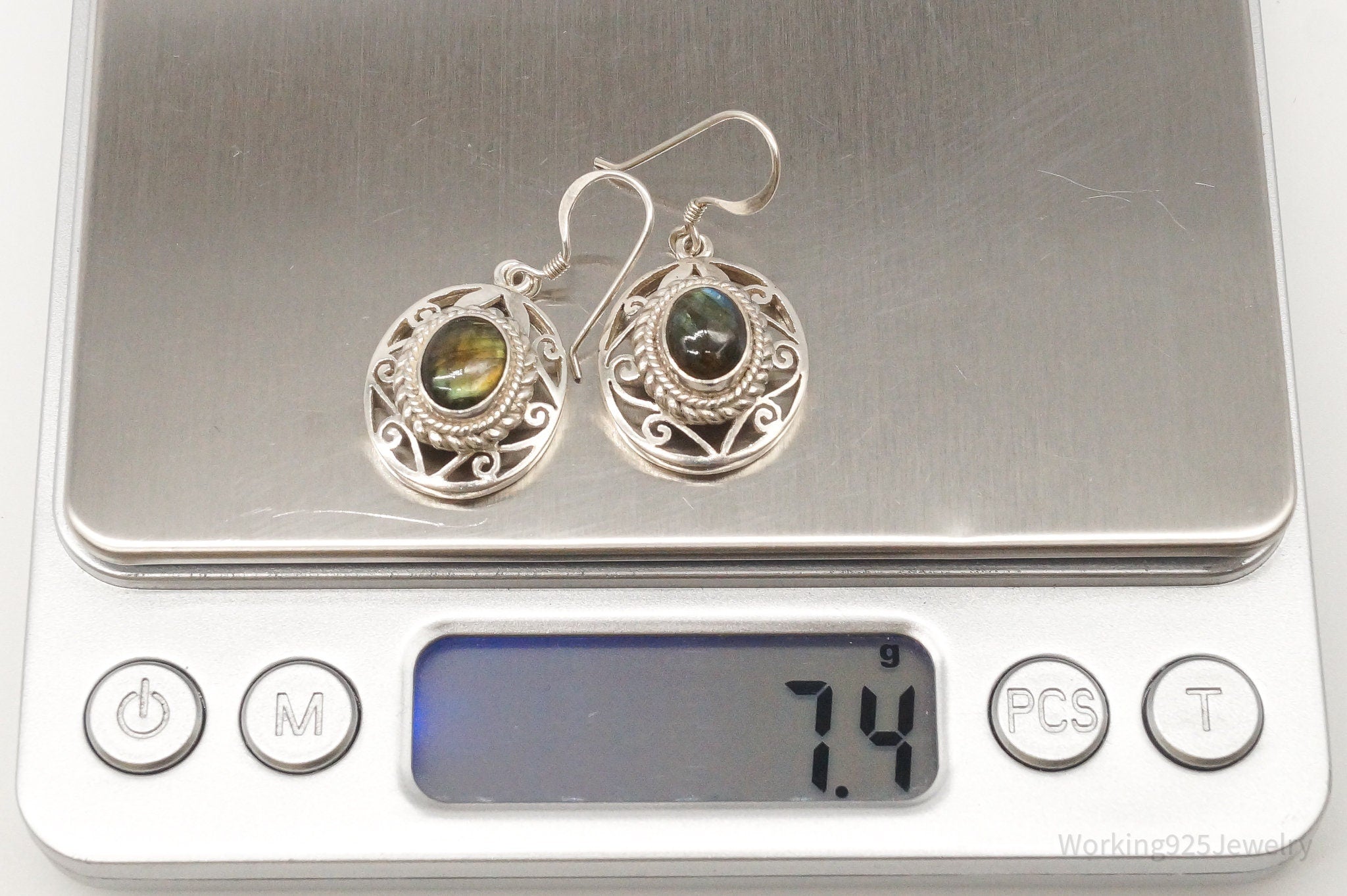 Vintage Labradorite Bali Inspired Filigree Openwork Sterling Silver Earrings