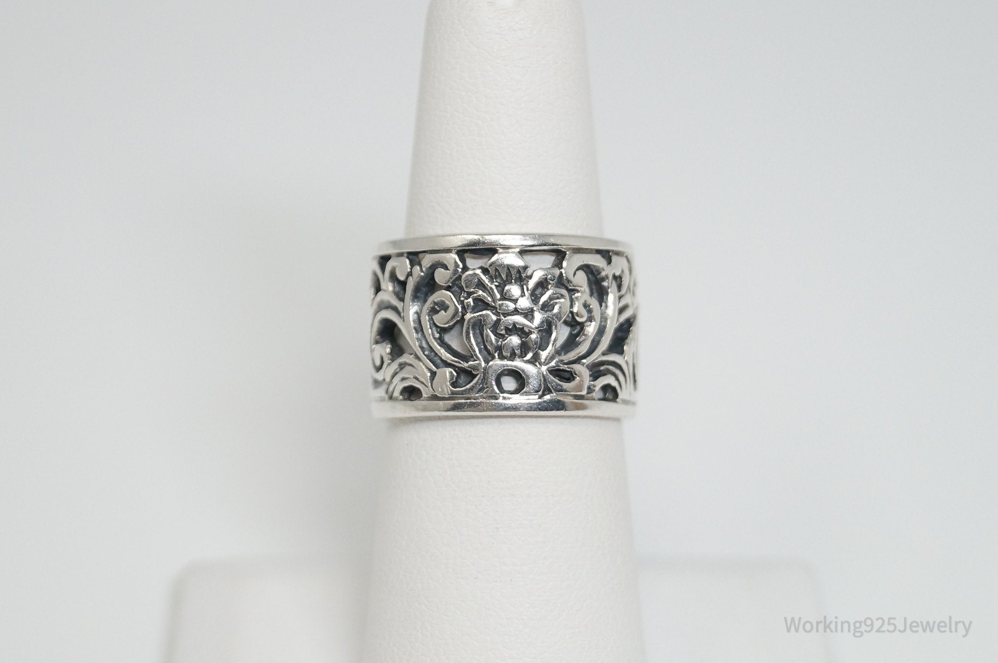 Vintage Designer Floral Motif Cut Out Design Sterling Silver Band Ring - Sz 6.25