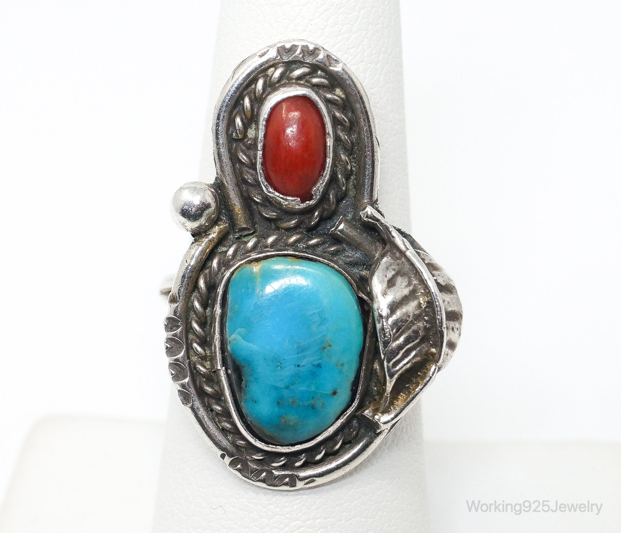 Vintage Handmade Native American Turquoise Coral Sterling Silver Ring - SZ 7.25