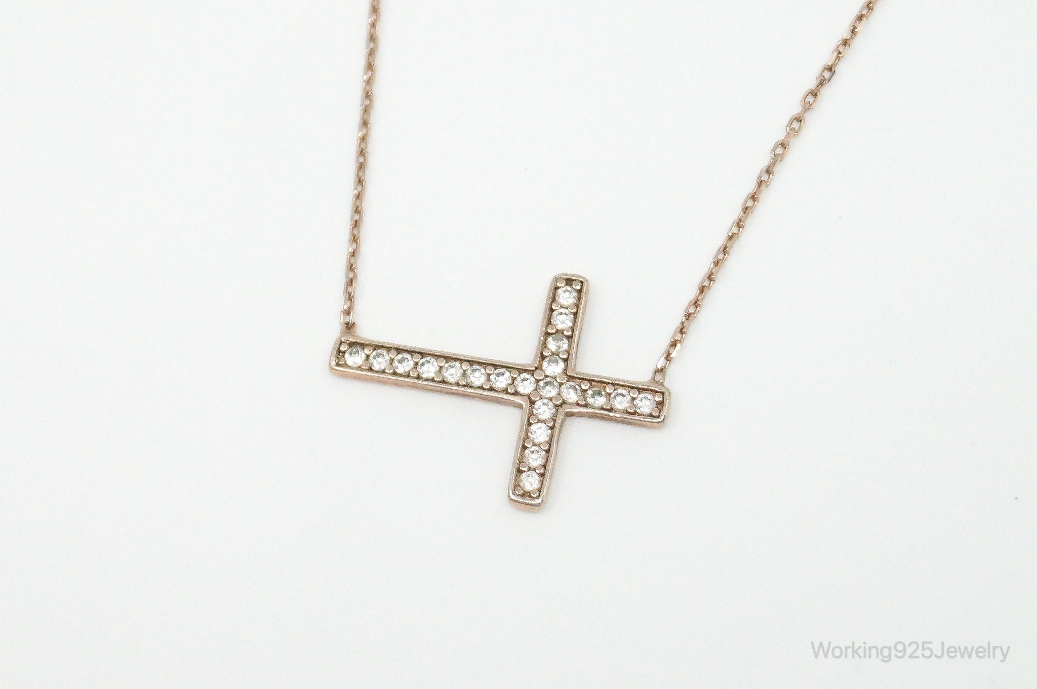 Vintage Cubic Zirconia Rose Gold Vermeil Sterling Silver Cross Necklace