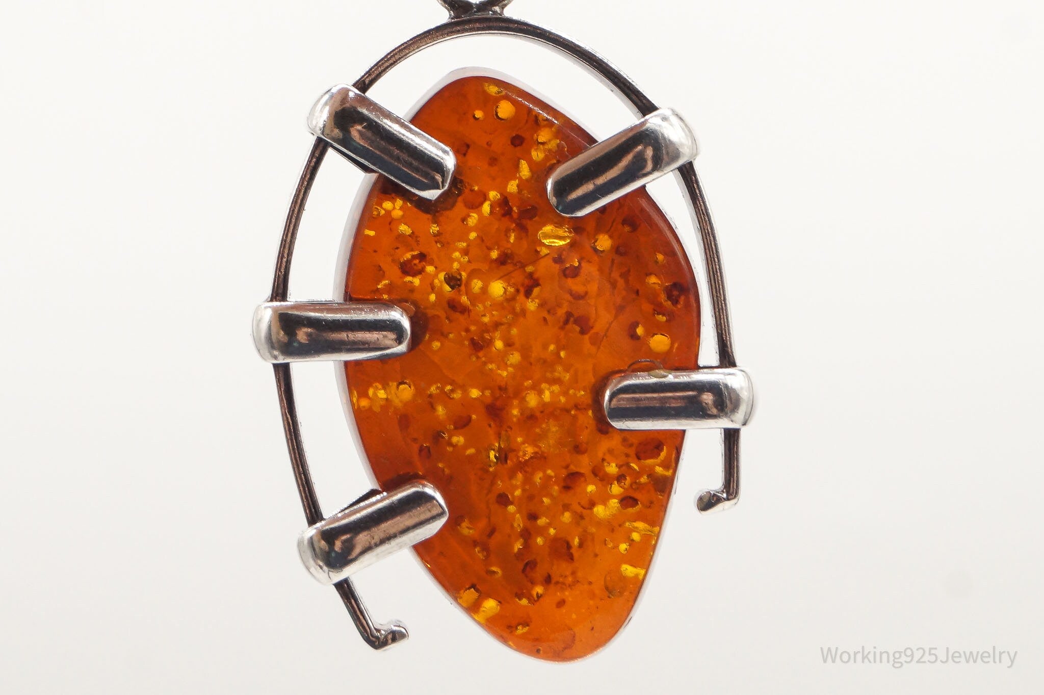 Large Vintage Amber Modernist Silver Necklace Pendant