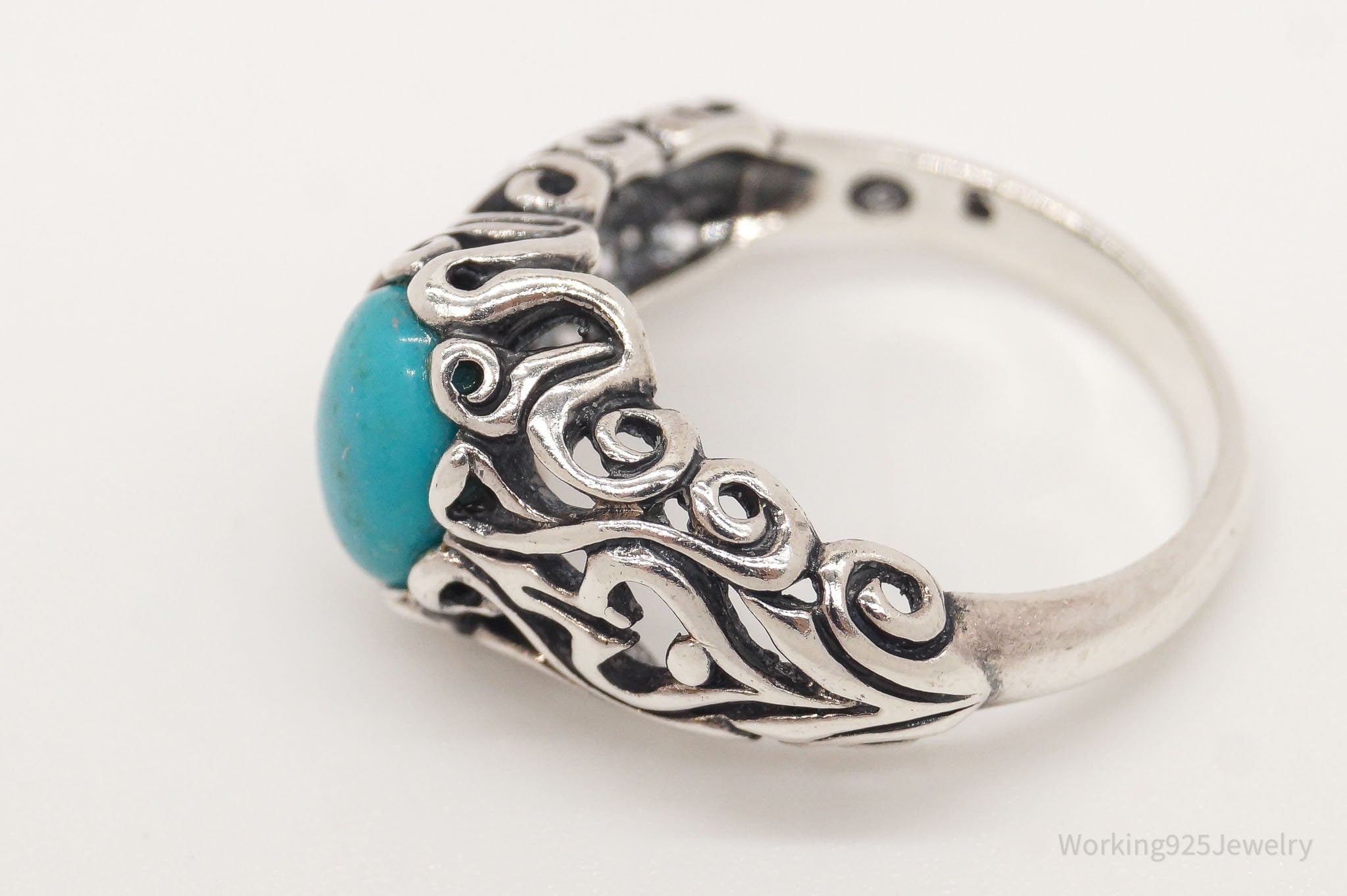 Vintage Blue Turquoise Scroll Swirl Sterling Silver Ring - Size 5