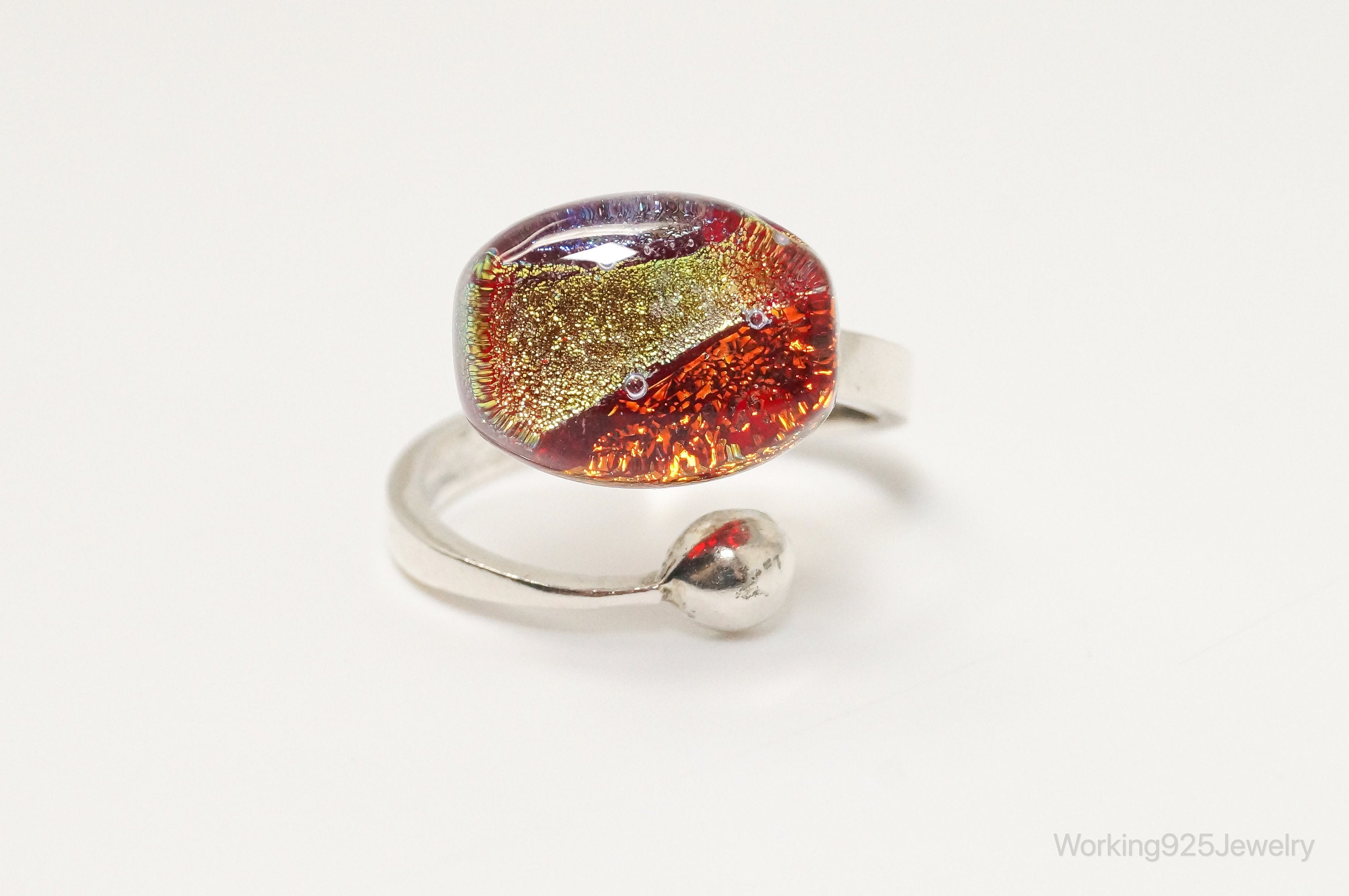 Vintage Glass Murano Sterling Silver Wrap Ring - Sz 7.75 Adjustable