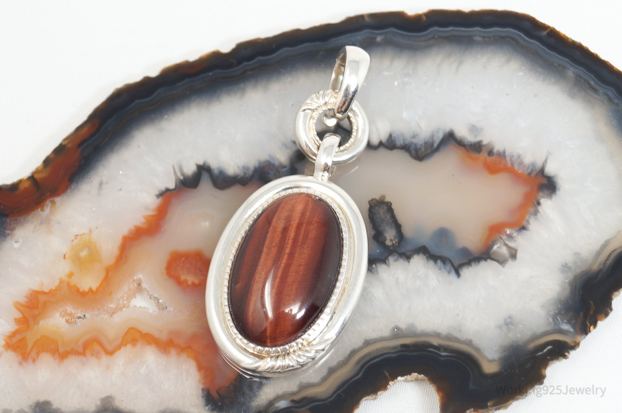 Vintage Designer Whitney Kelly Red Tigers Eye Sterling Silver Necklace Pendant