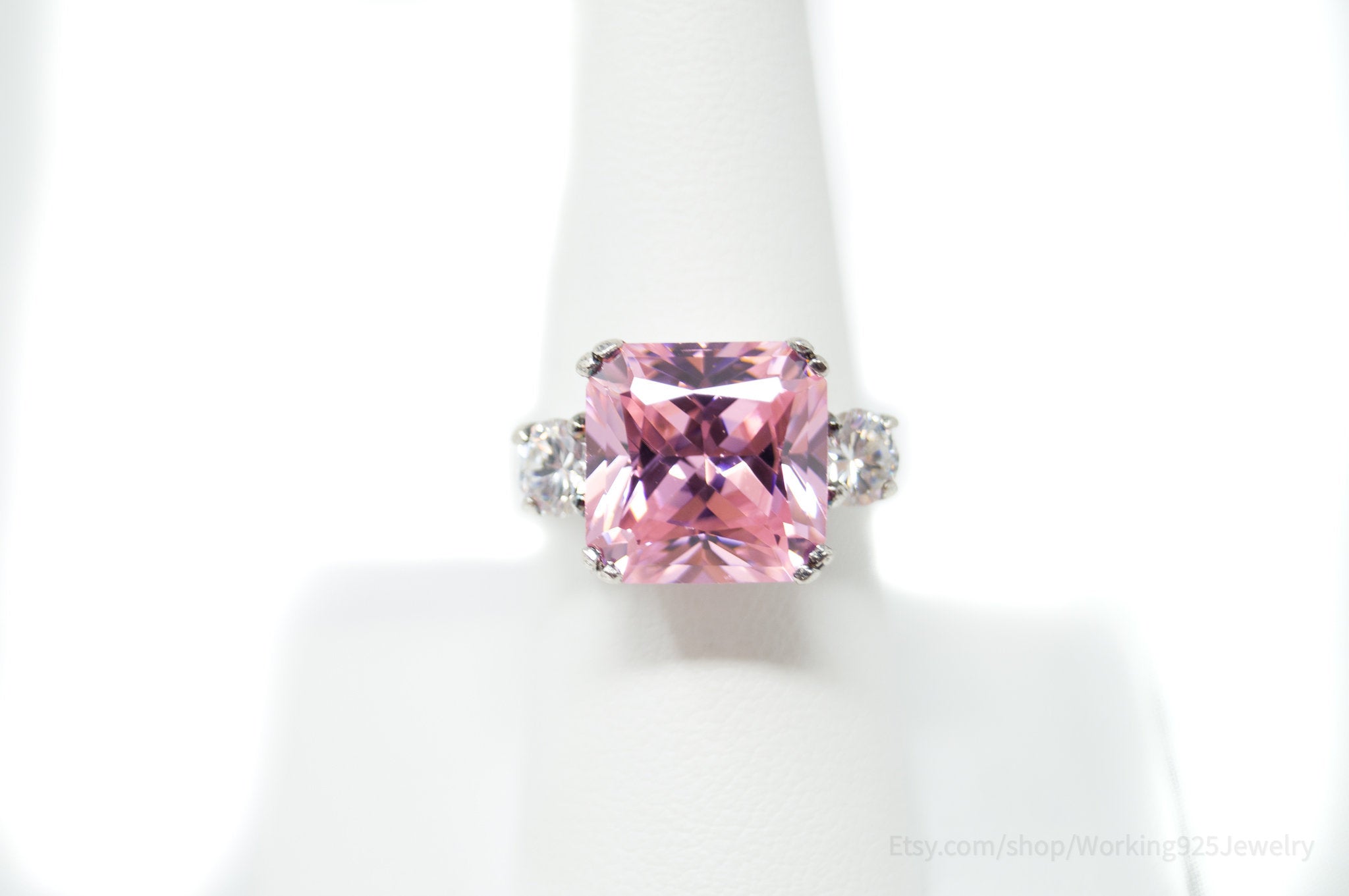 Vintage Art Deco Style Pink Topaz CZ Statement Ring Sterling Silver - Size 7.5