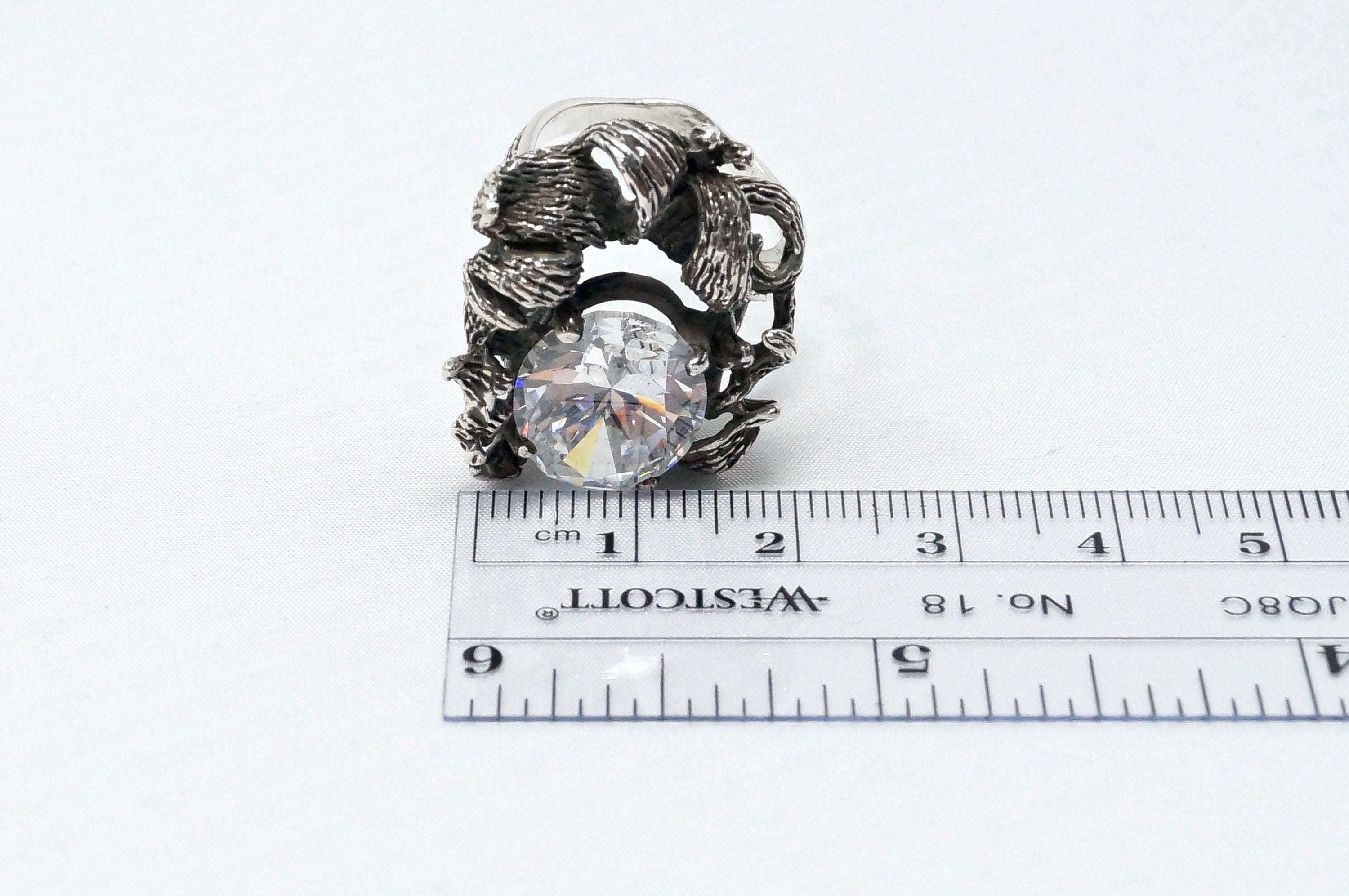 Vintage Art Nouveau Motif CZ Oxidized Sterling Silver Statement Ring - Size 6