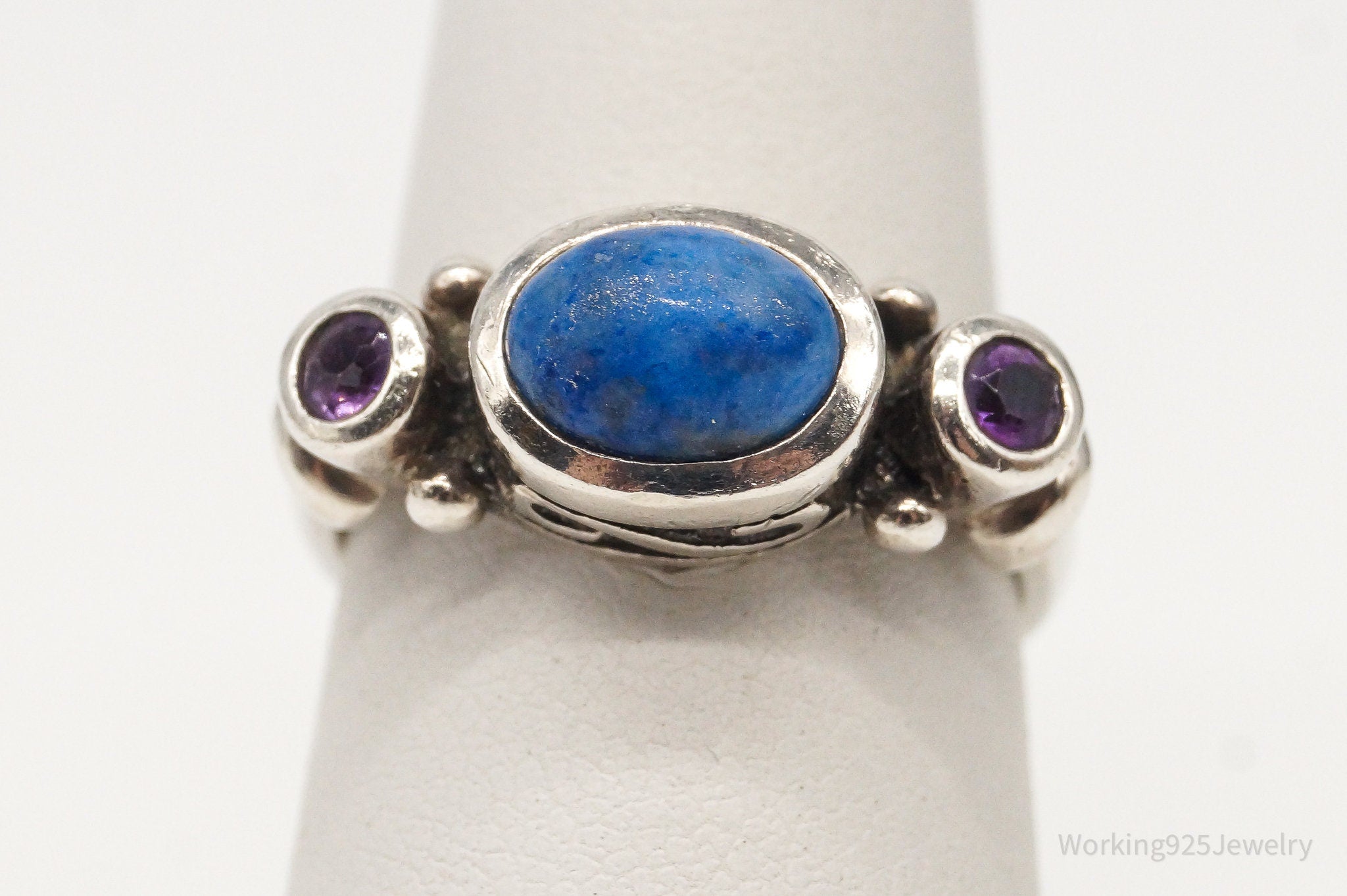 Vintage Lapis Lazuli Amethyst Sterling Silver Ring - Size 6.75