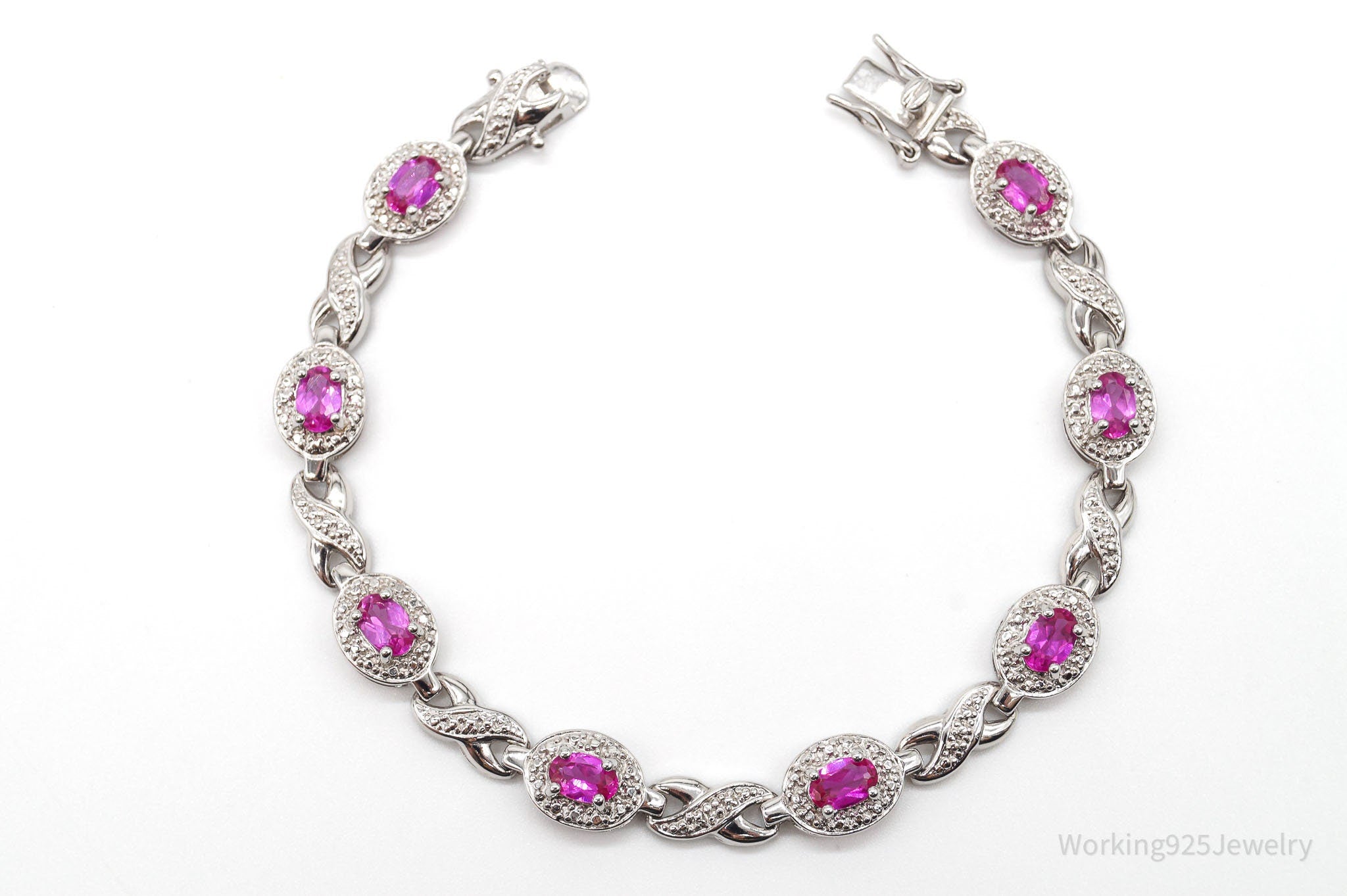 Designer Ross Simons Lab Pink Sapphires & 1 Diamond Sterling Silver Bracelet