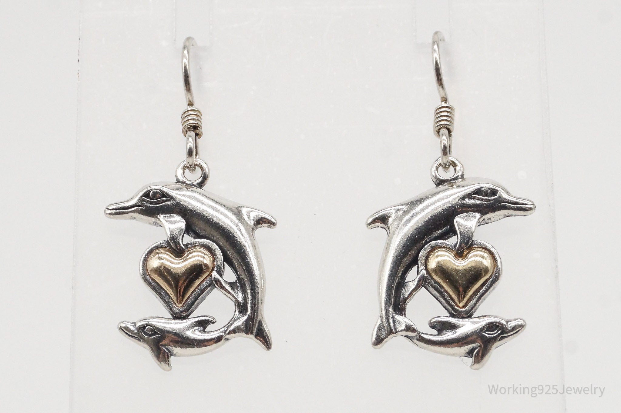 Vintage Designer Waldeck Johnson 14K Gold Heart Dolphin Sterling Silver Earrings