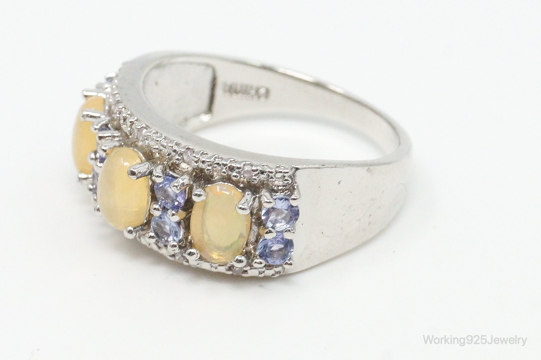 Designer Yellow Opalite Iolite Cubic Zirconia Sterling Silver Ring Size 8