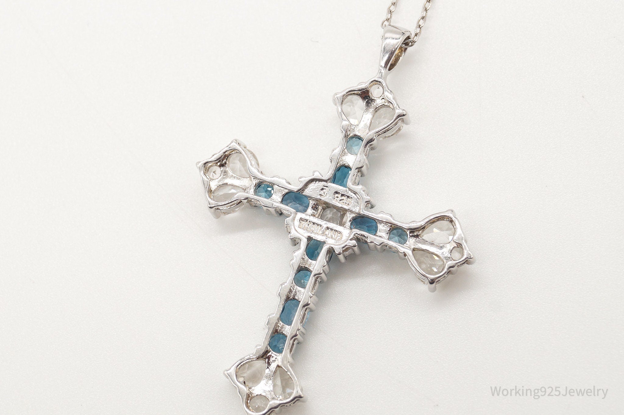 Vintage Blue Topaz Cubic Zirconia Cross Sterling Silver Necklace