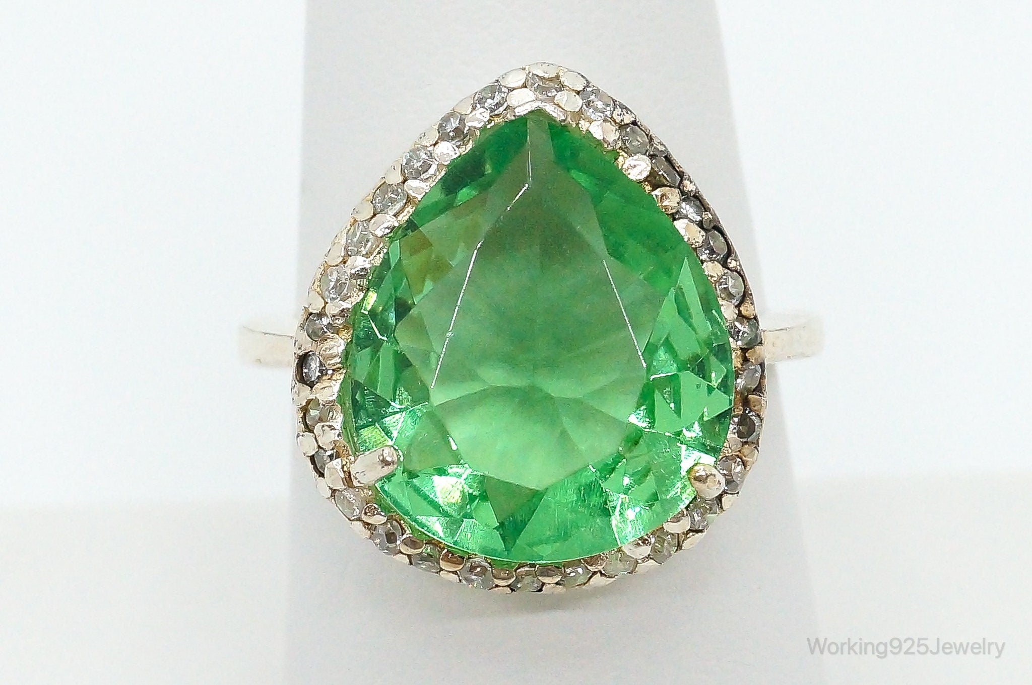 Large Green Glass Cubic Zirconia Sterling Silver Ring Size 7.5