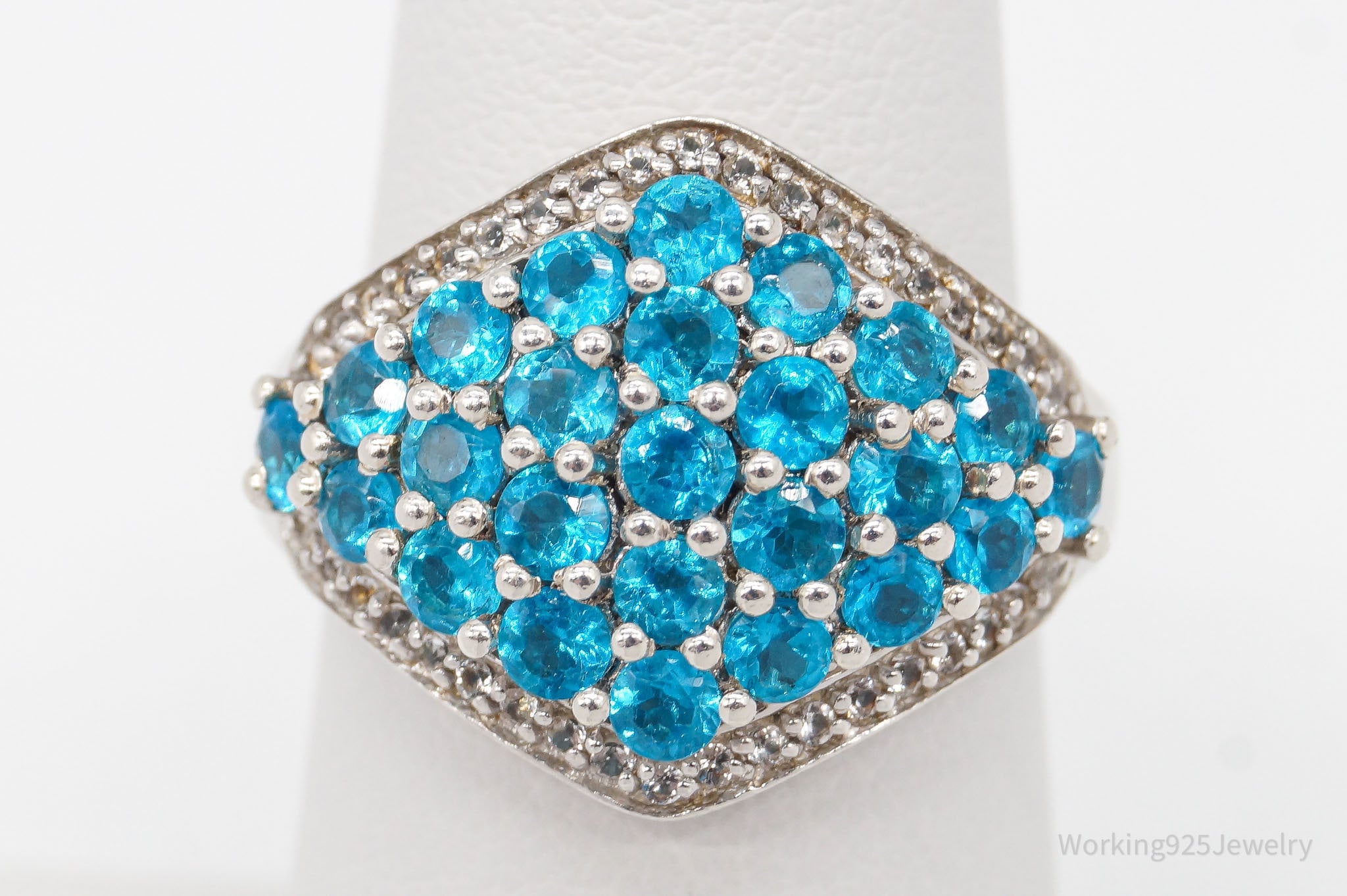 Vintage Blue & White Cubic Zirconia Sterling Silver Ring - Size 7