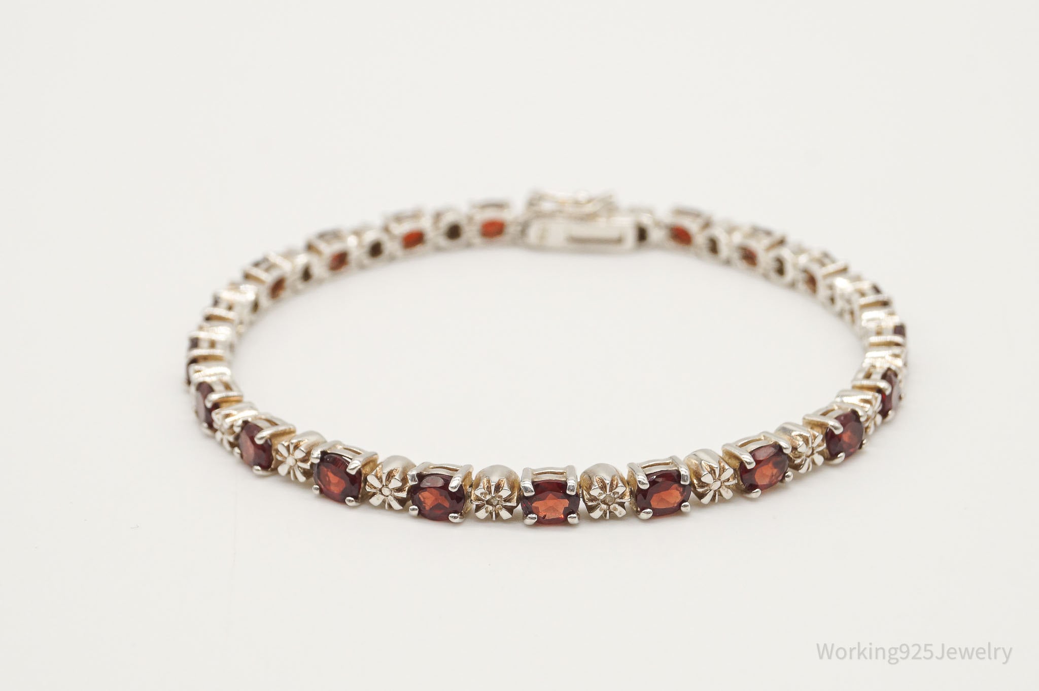 Vintage Garnet 2 Diamond Sterling Silver Bracelet