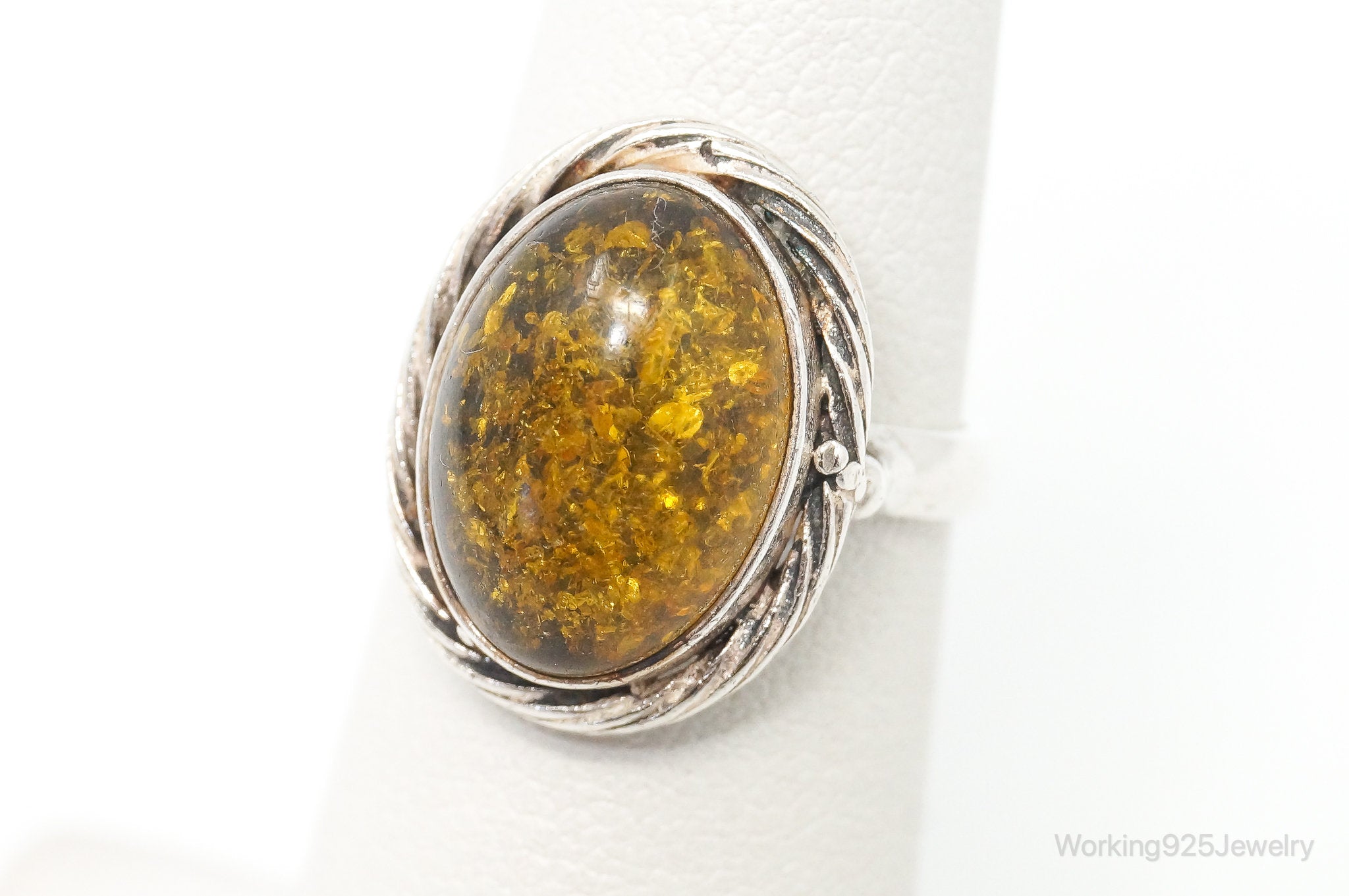 Vintage Amber Modern Sterling Silver Ring - Size 5