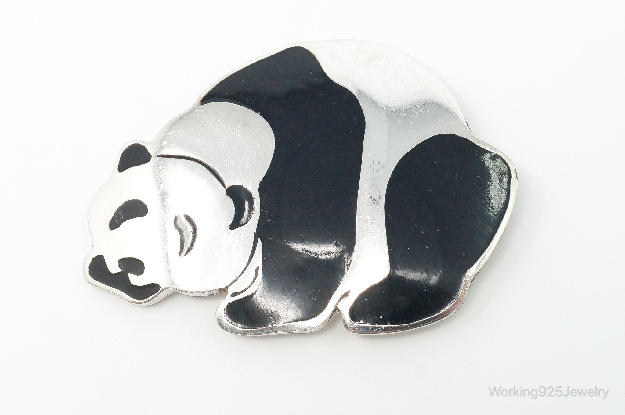 Large Vintage Mexico Enamel Panda Sterling Silver Brooch Pendant