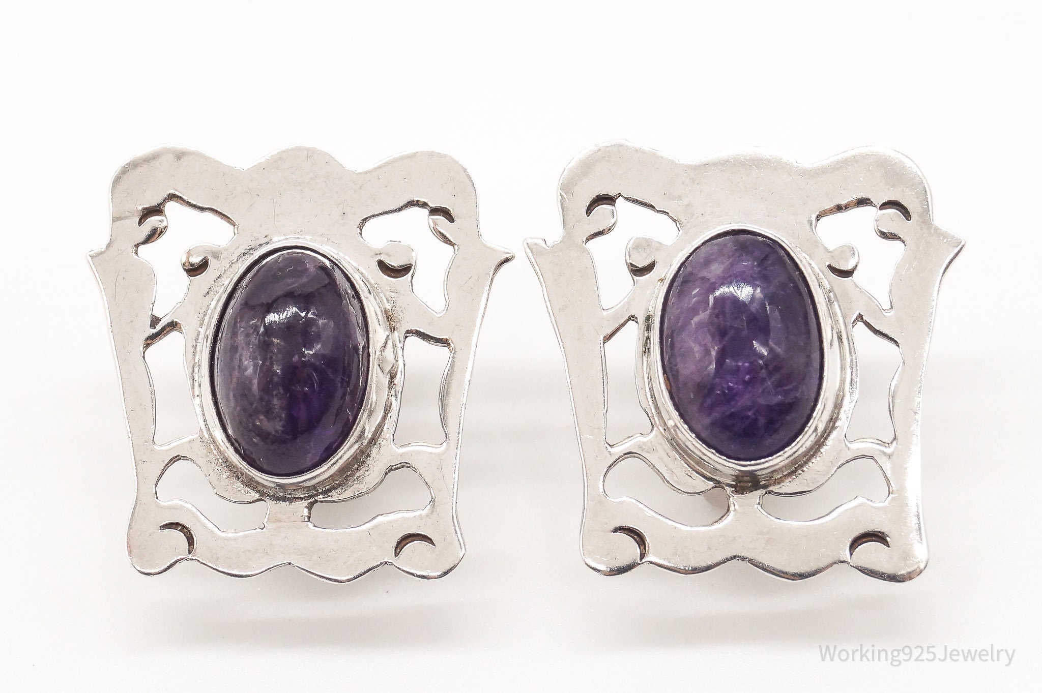 RARE Vintage Plateria Farfan Mexico Amethyst Sterling Silver Screw Back Earrings