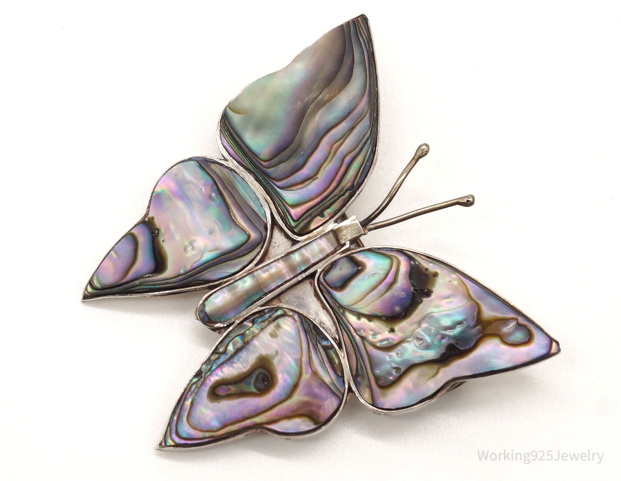 Large Vintage Paua Abalone Shell Butterfly Sterling Silver Mexico Brooch Pin