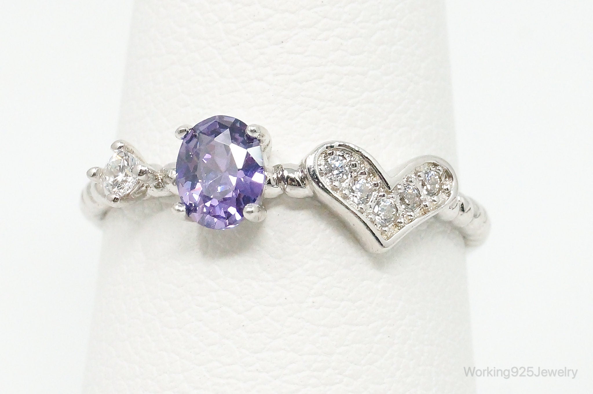 Vintage Amethyst Cubic Zirconia Heart Sterling Silver Ring - Size 6.5 Adjustable
