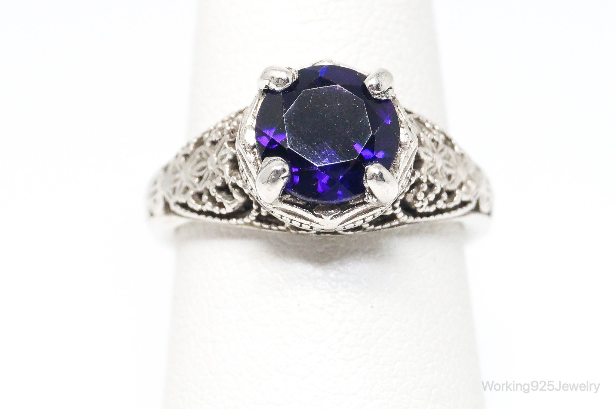 Vintage Amethyst Ornate Sterling Silver Ring - Size 6.25