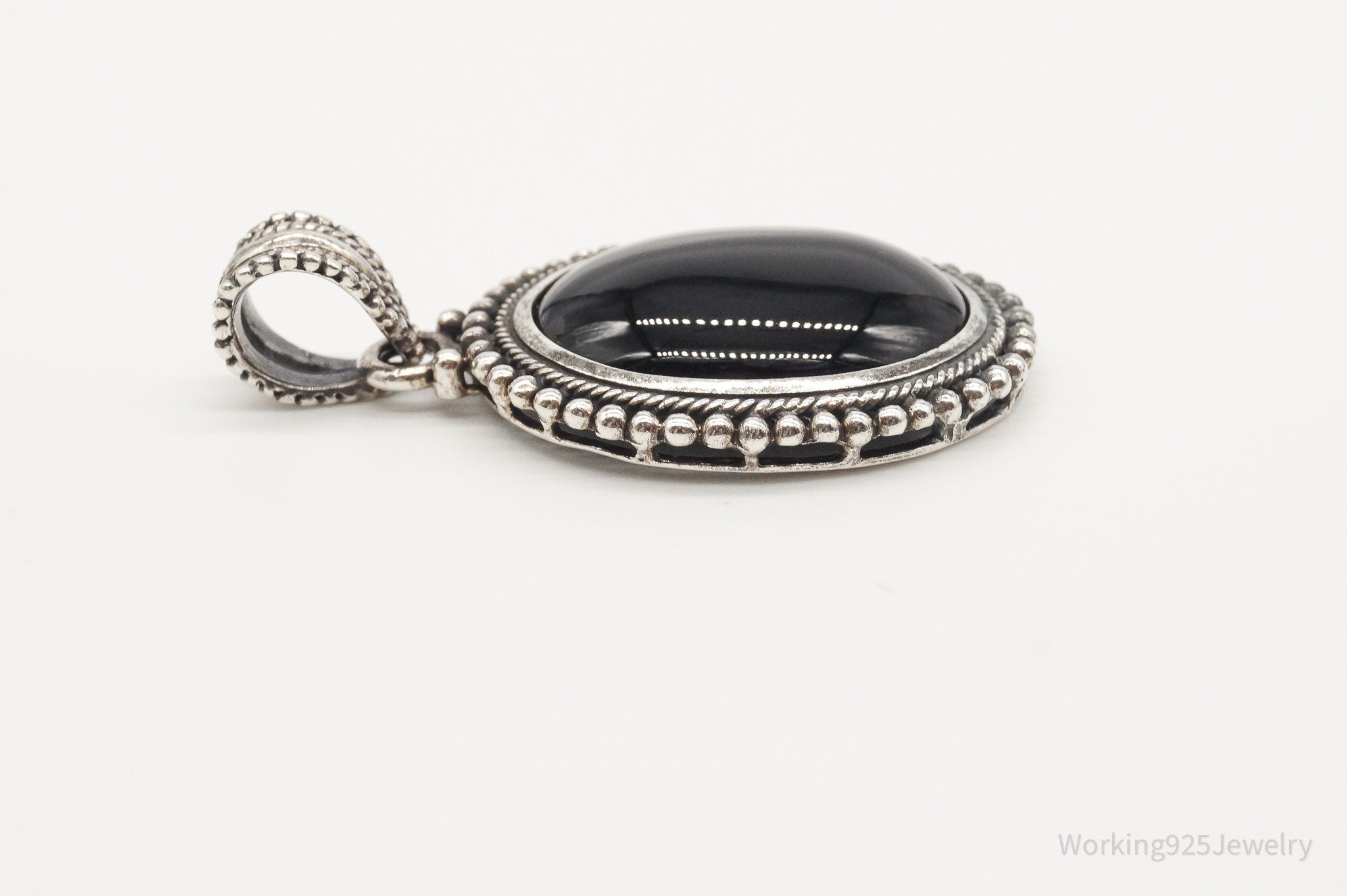 Large Vintage Black Onyx Bali Style Sterling Silver Pendant