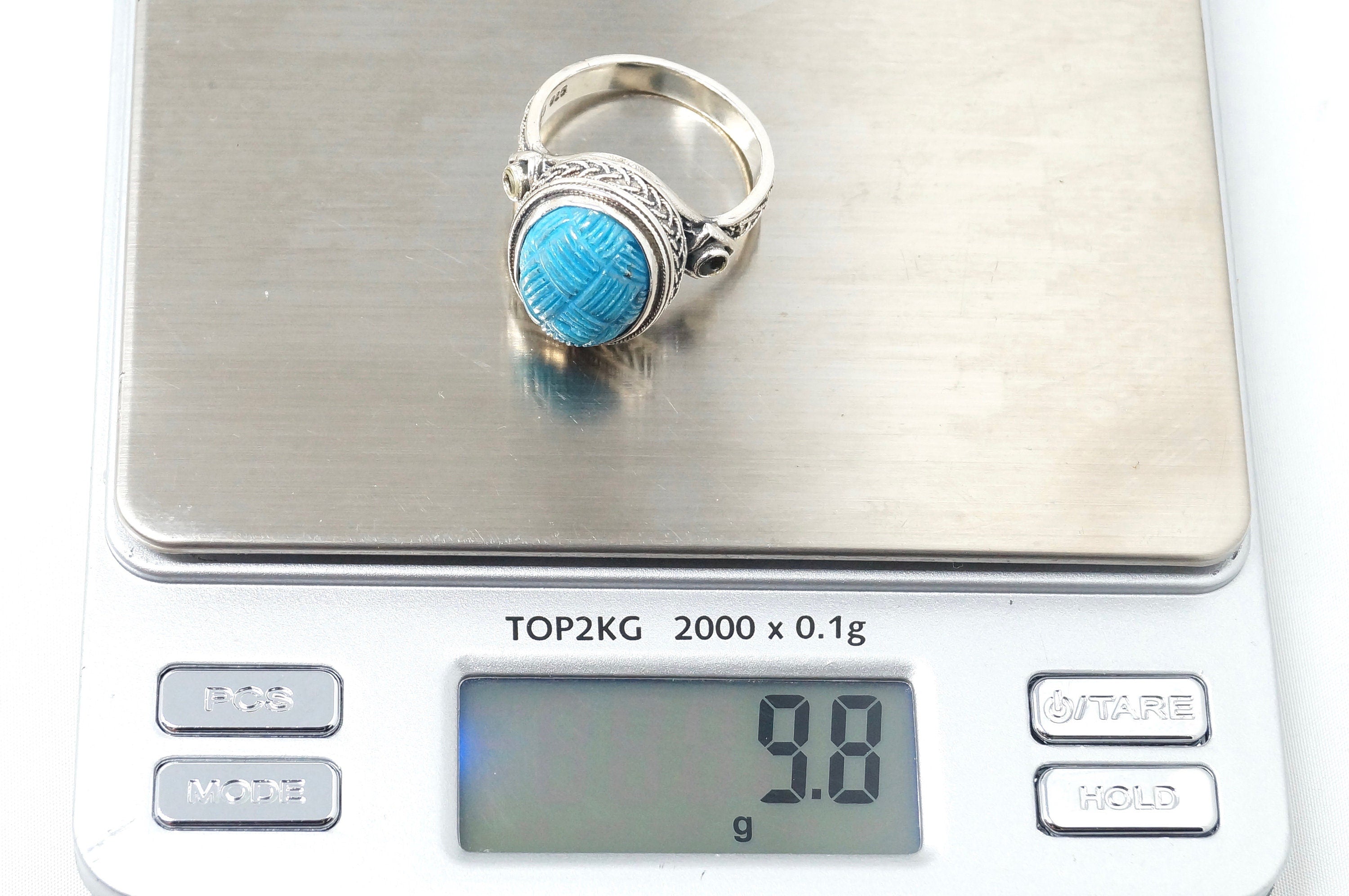 Vintage Designer Carved Turquoise Sterling Silver Ring - Size 10