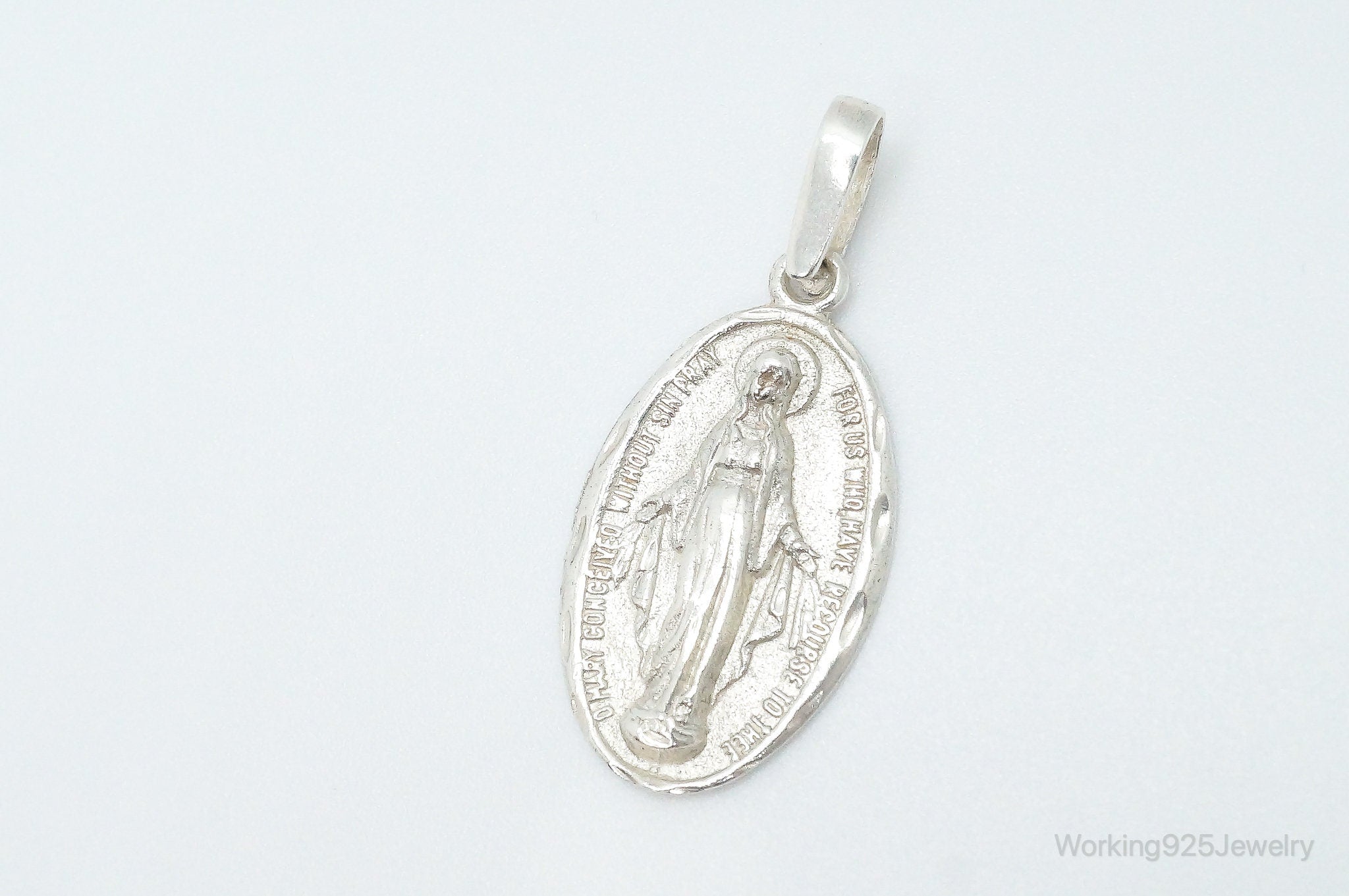 Antique Mary Pray For Us Sterling Silver Pendant Charm