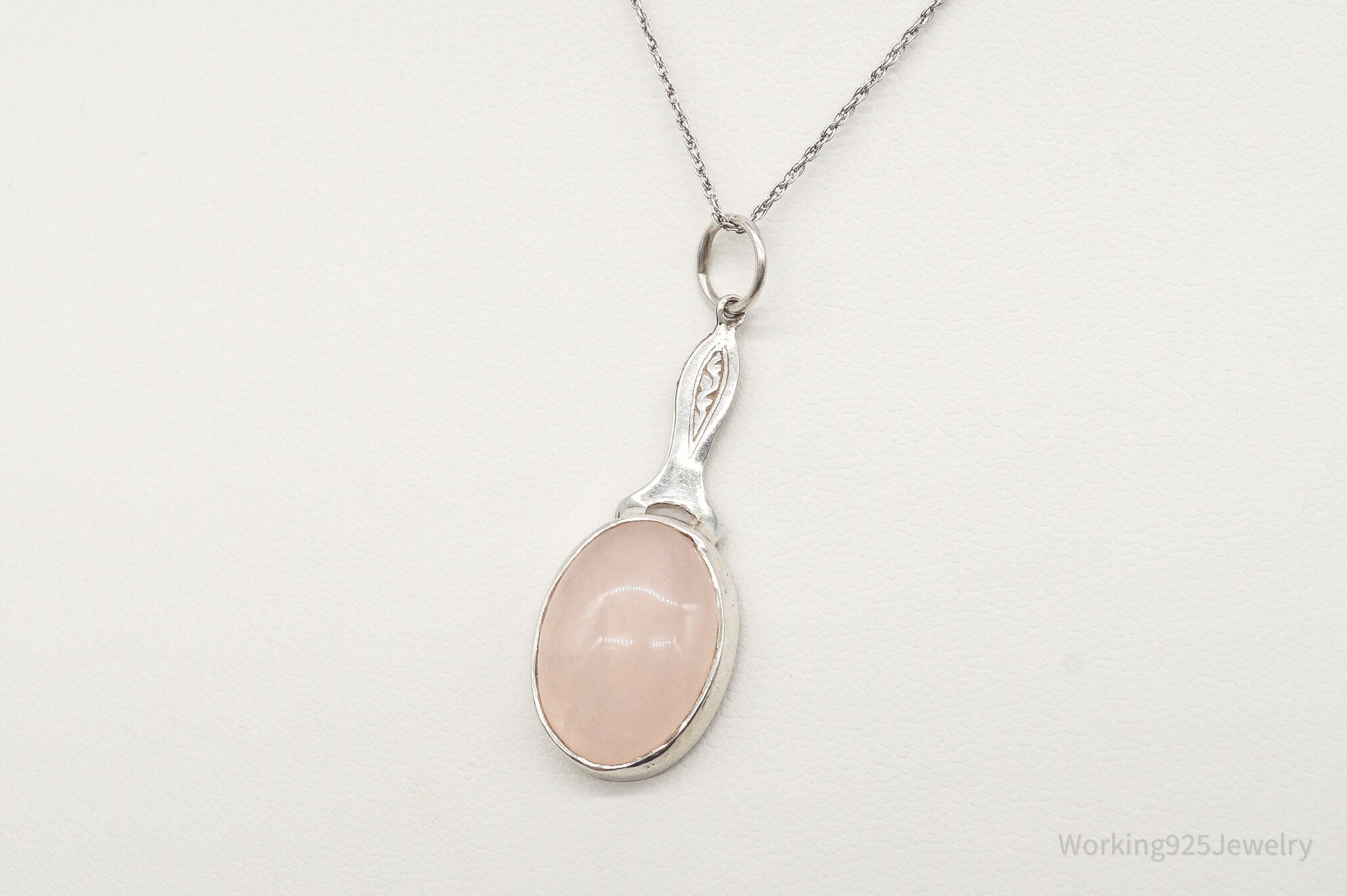 Antique Rose Quartz Vanity Mirror Sterling Silver Necklace