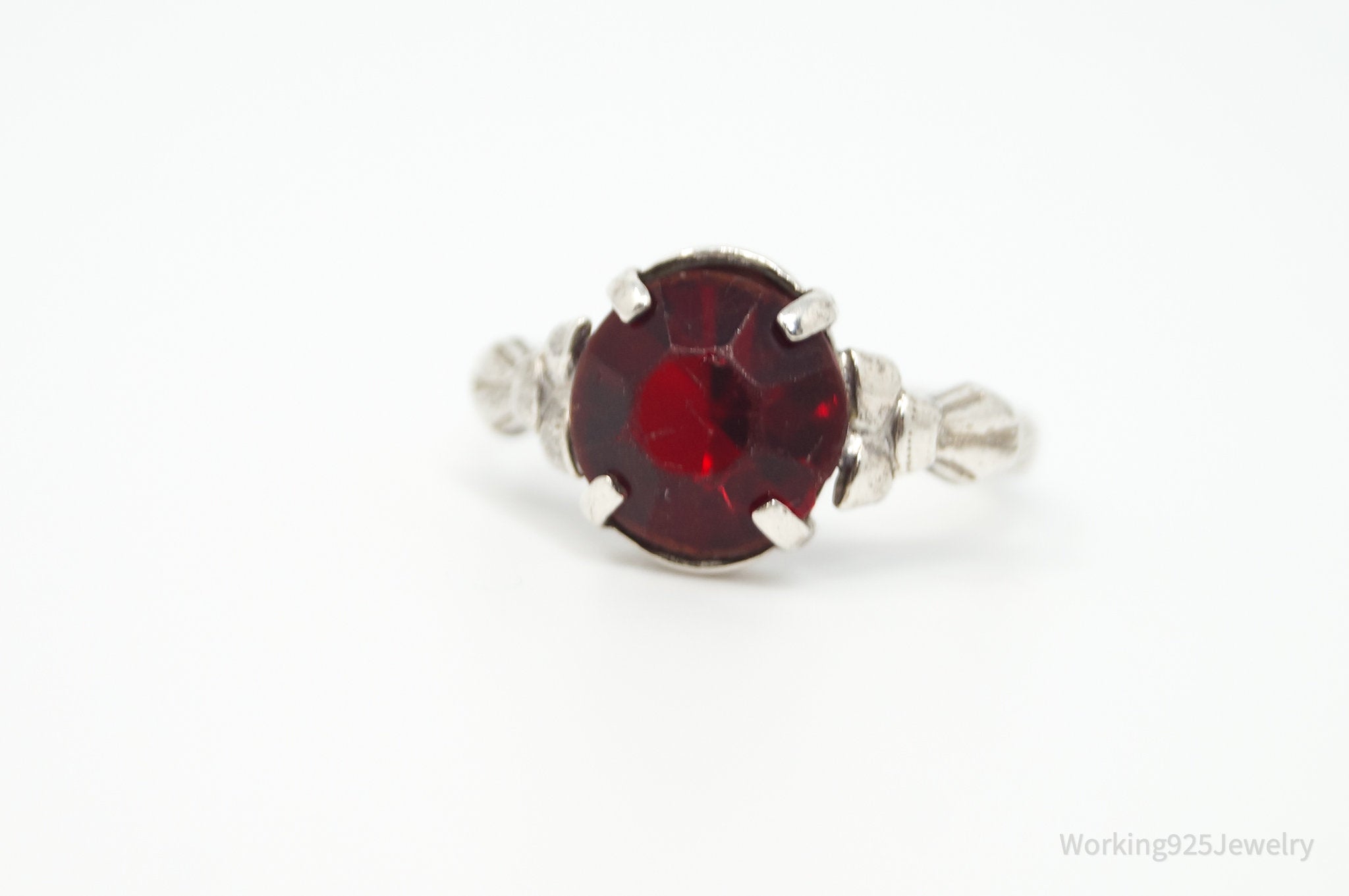 Antique Designer Clark & Coombs Deep Red Rhinestone SterlingSilver RingSize 5.25