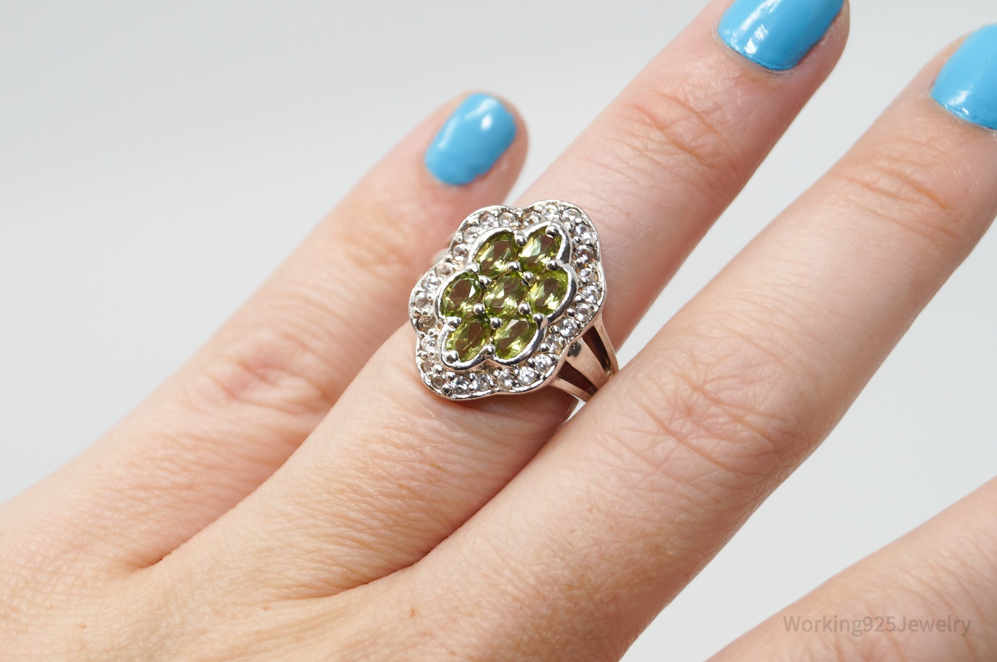 Vintage Green Peridot CZ Sterling Silver Statement Ring - Size 6.25