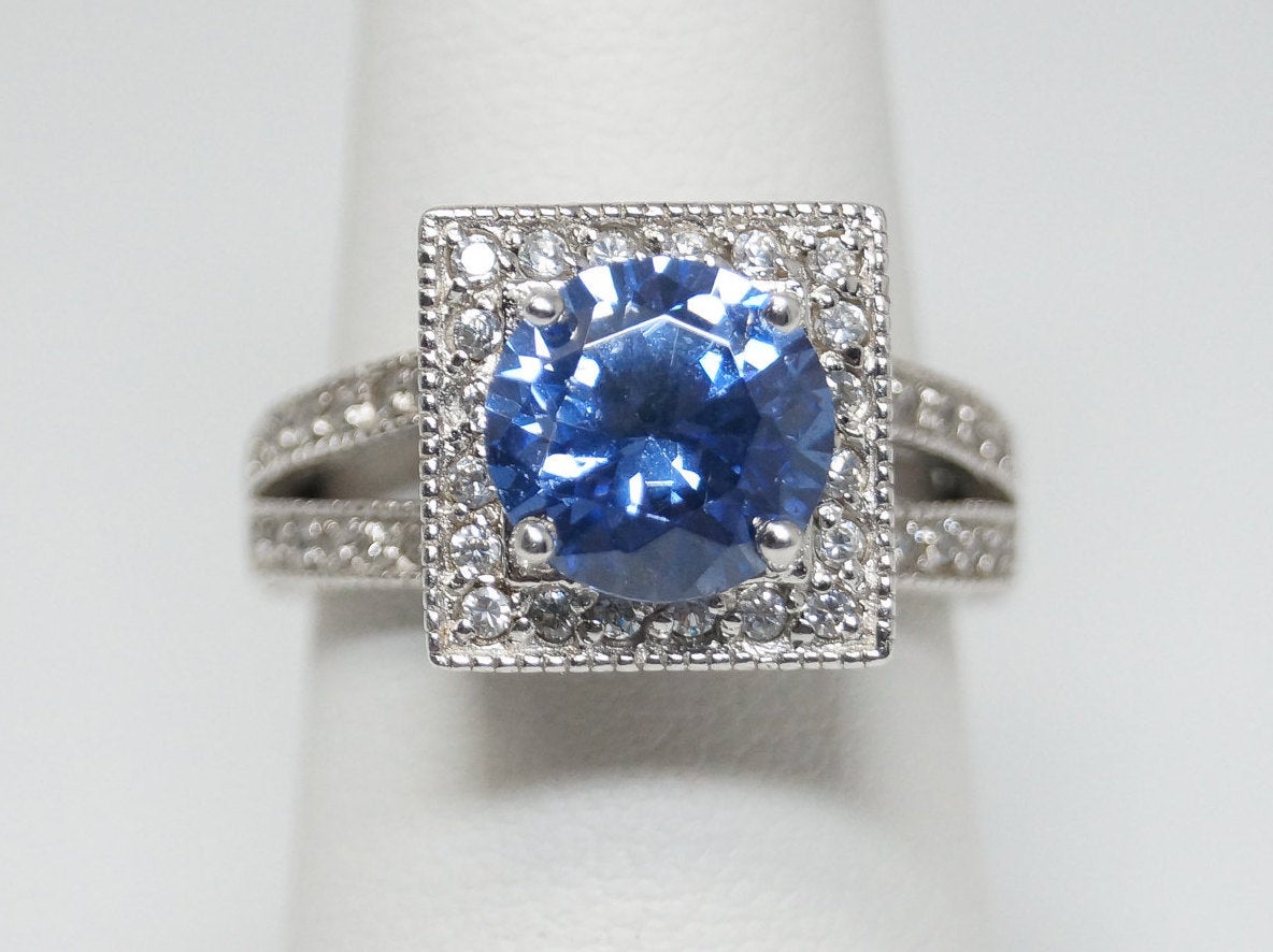 Vintage Designer Sapphire Cubic Zirconia Sterling Silver Ring - Sz 7