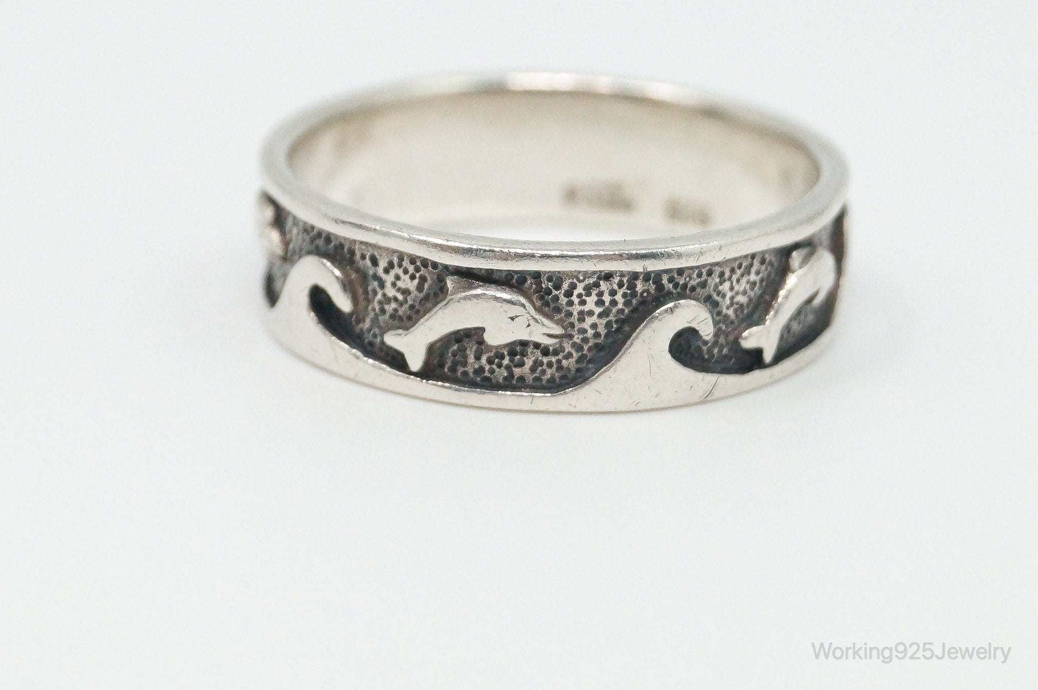 Vintage Designer PSCL Dolphins Sterling Silver Band Ring - Size 11