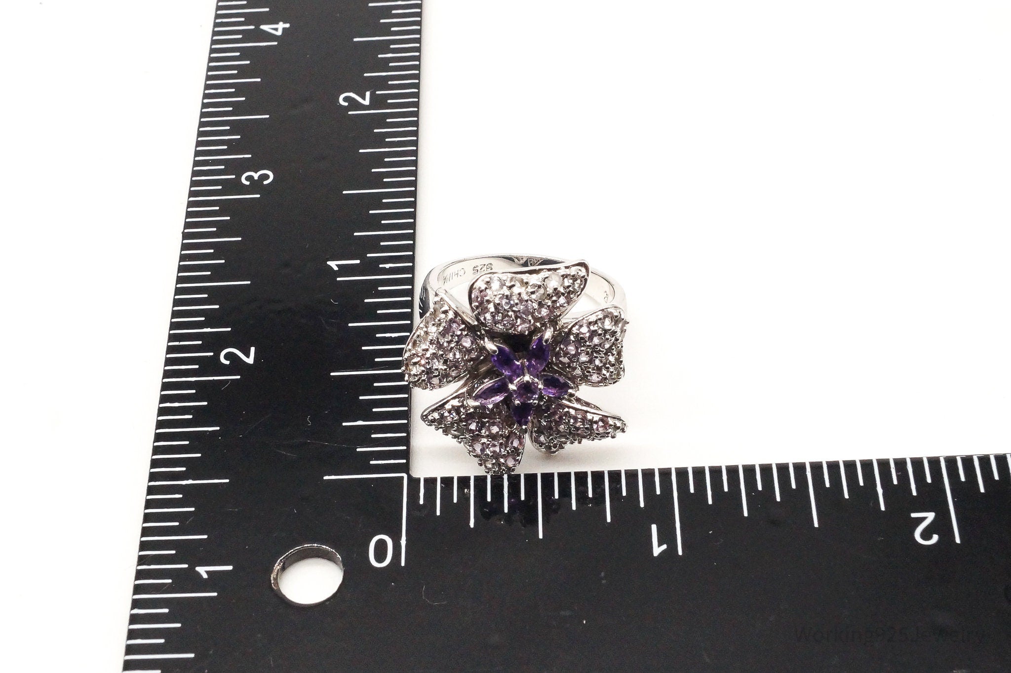 Designer Ross Simons Amethyst Cubic Zirconia Sterling Silver Flower Ring SZ 7.25