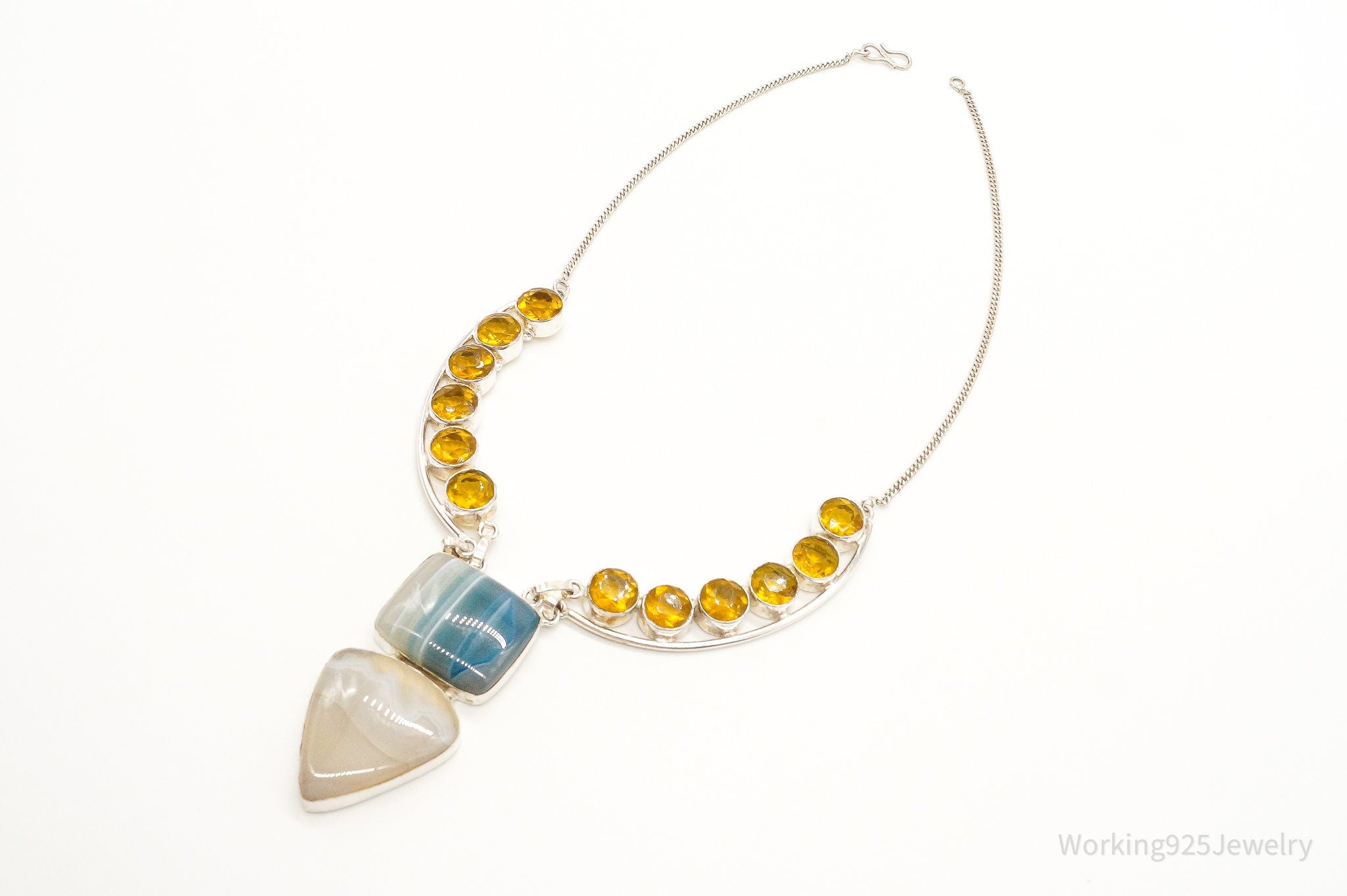 Large Lace Agate Citrine Sterling Silver Necklace