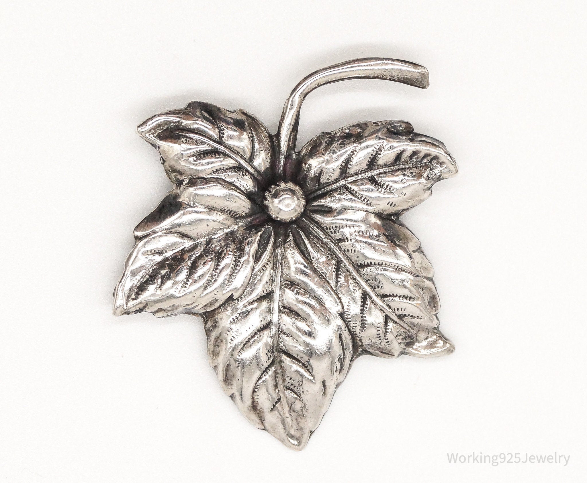 Large Antique Sterling Silver Leaf Pin Brooch