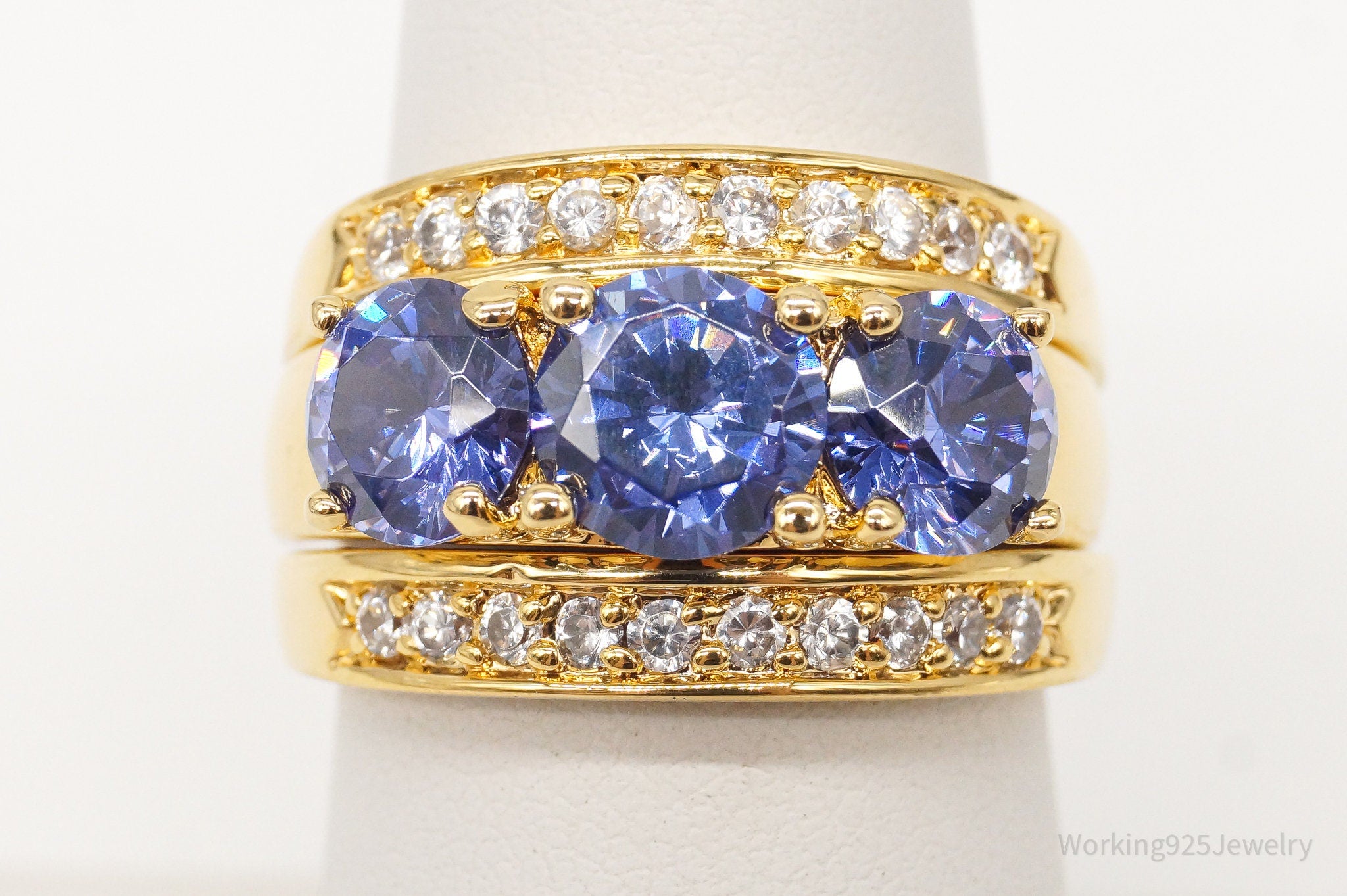 Designer RP Blue & White Cubic Zirconia Gold Vermeil Sterling Silver Ring Size 7