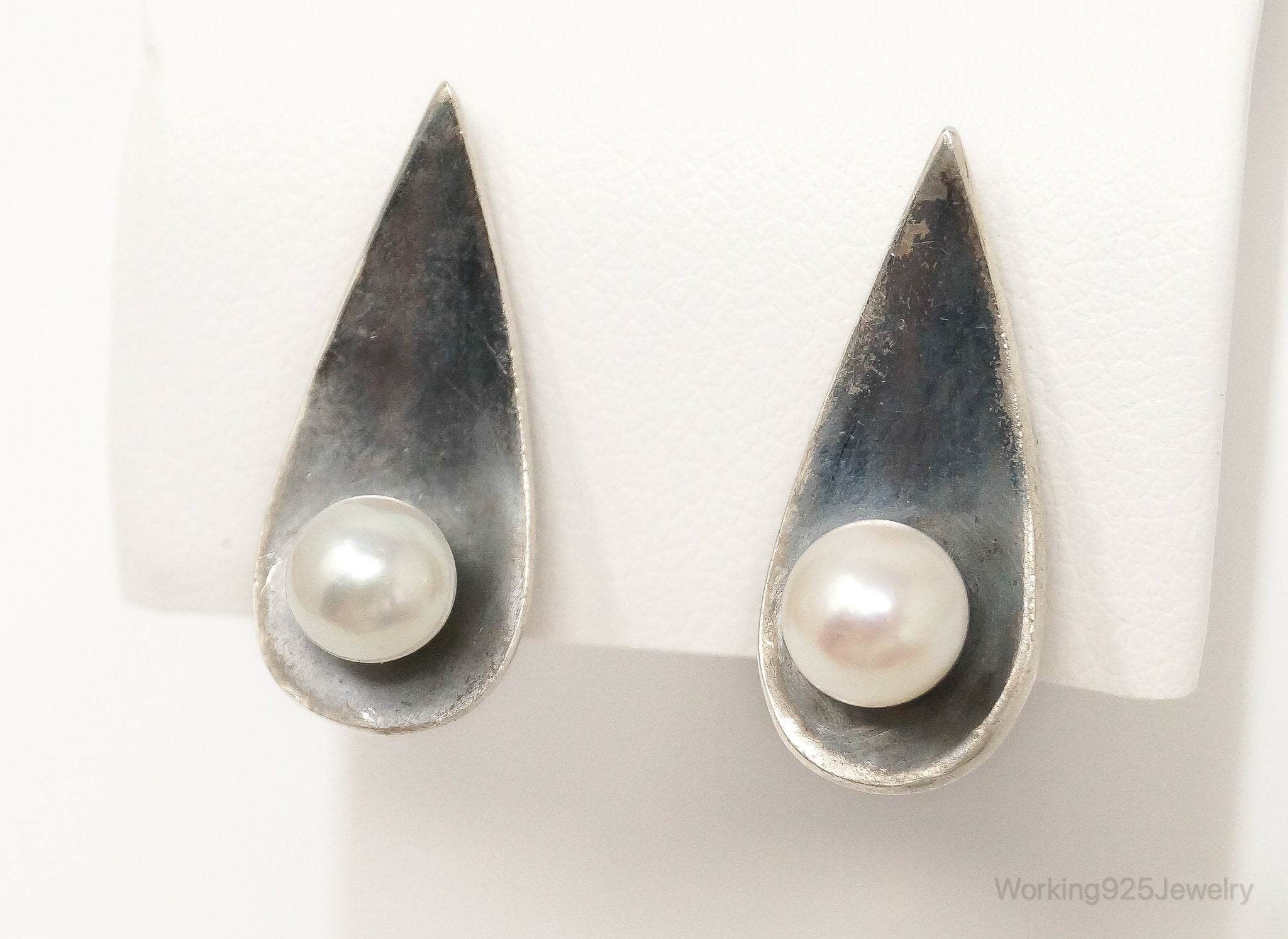 RARE Vintage Modernist Ed Wiener Pearl French Screw Back SterlingSilver Earrings