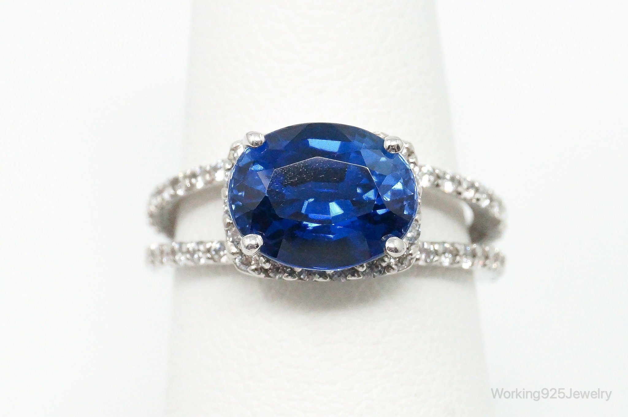 Vintage Lab Sapphire Cubic Zirconia Sterling Silver Ring - Size 6.75