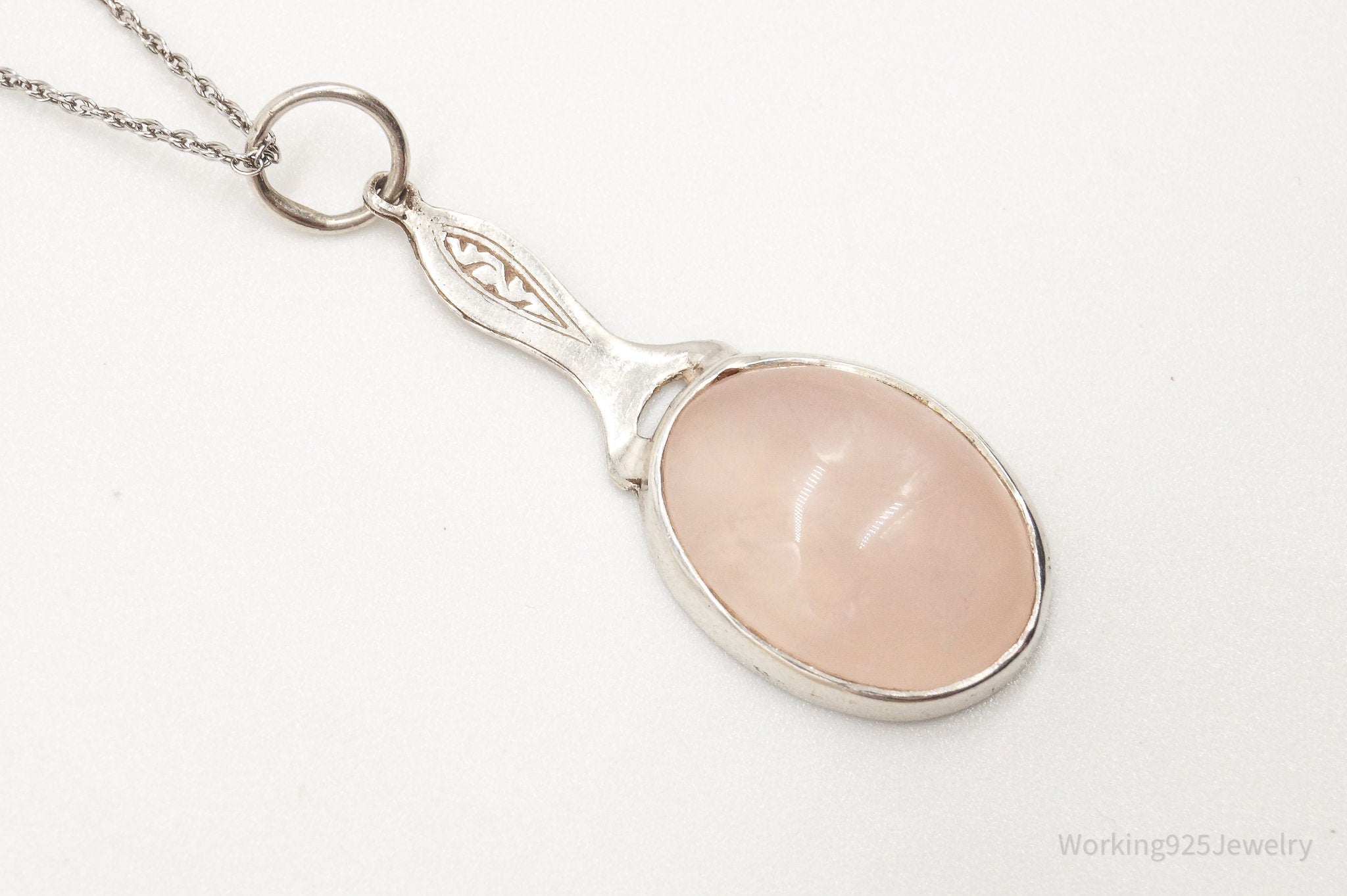 Antique Rose Quartz Vanity Mirror Sterling Silver Necklace