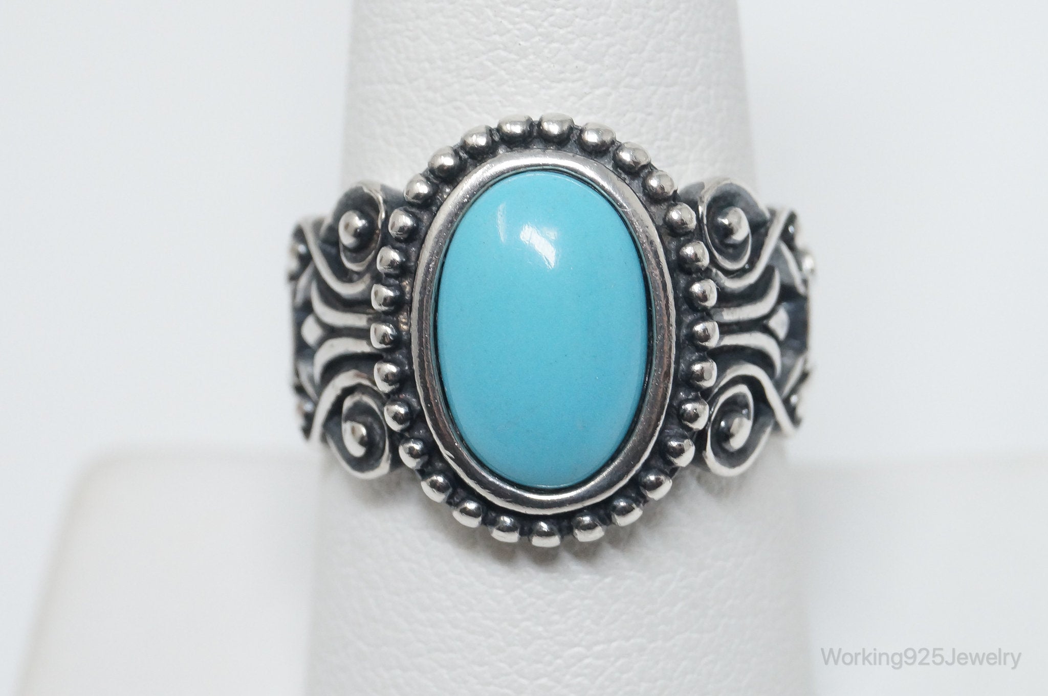 Vintage Designer Avon Turquoise Scroll Sterling Silver Ring - Size 8