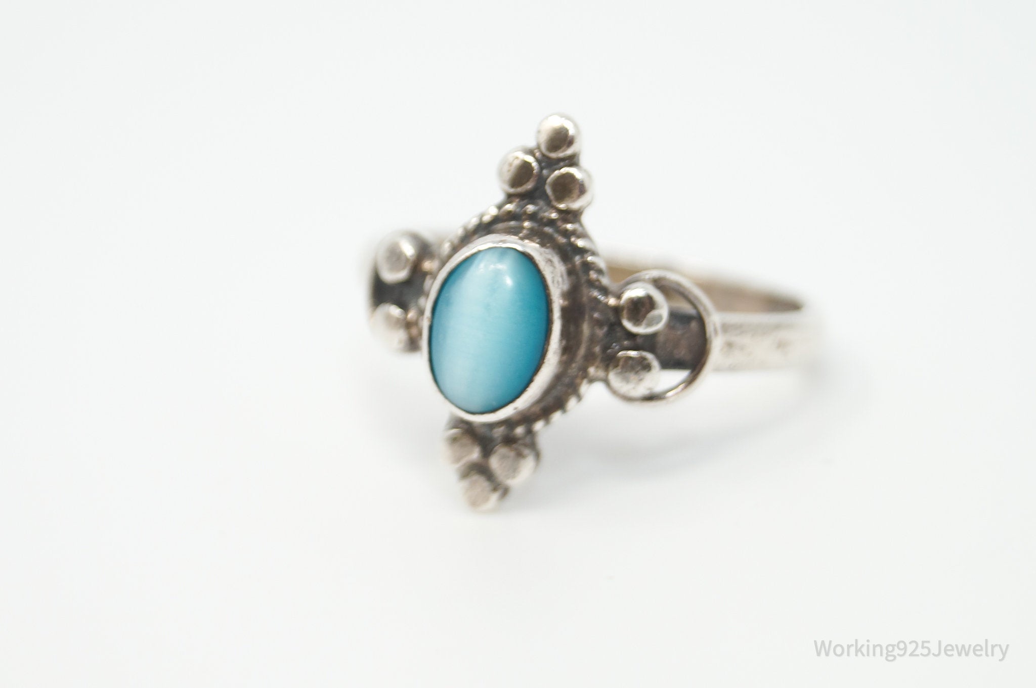 Vintage Blue Mother Of Pearl Bali Style Sterling Silver Ring - Size 7.75